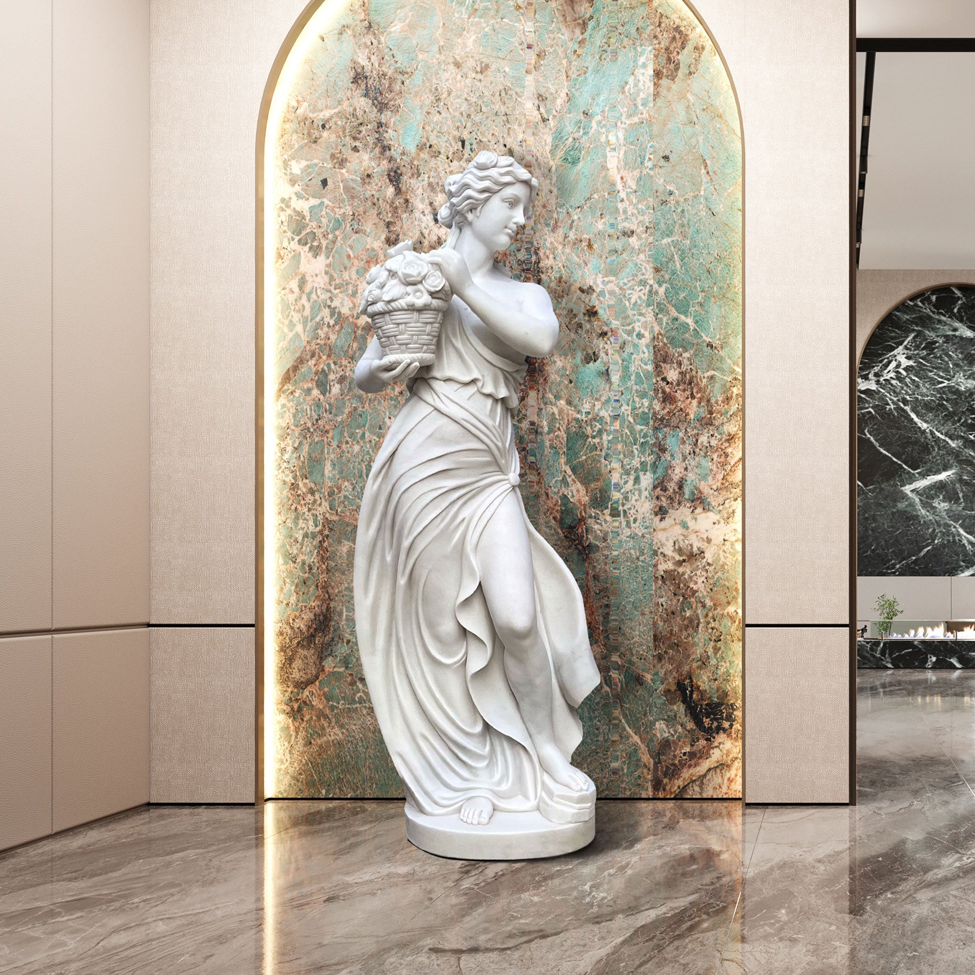 PREMIER Antique-Style Marble Statue Woman with a Basket of Flowers Marble Sculpture PSM-037