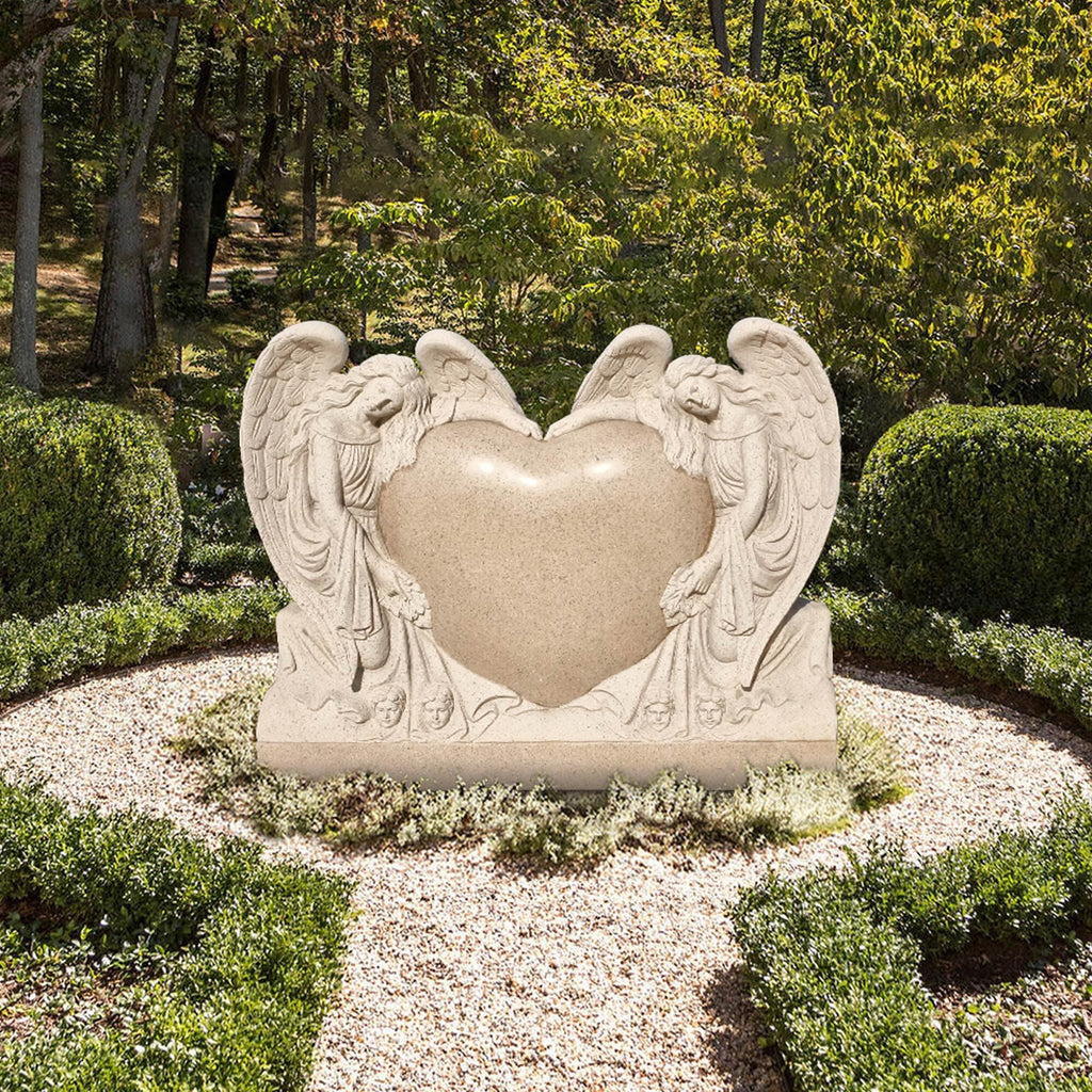 PREMIER Heart and Angels Memorial Sculpture Granite Cemetery Monument for Garden, Cemetery, and Memorial Park PSM-072
