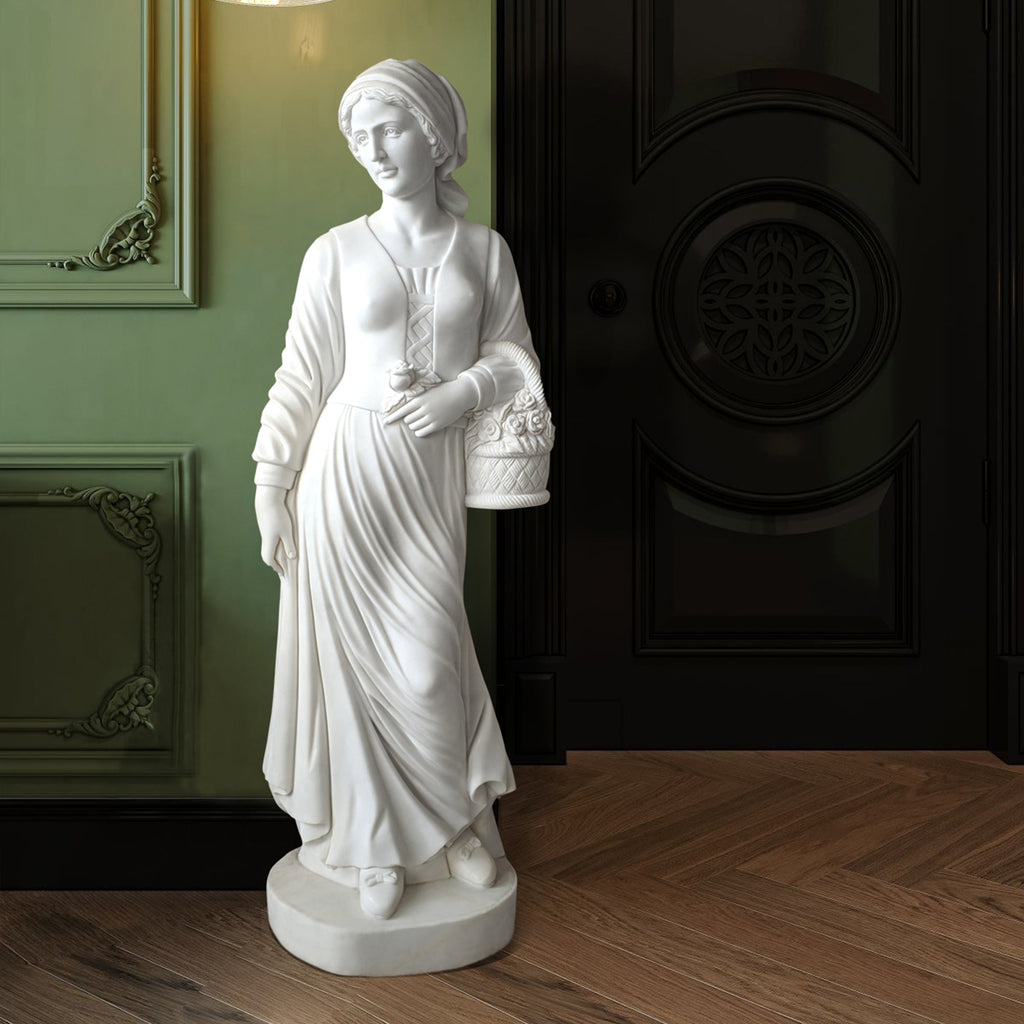 PREMIER Natural Stone Famale Holding Rose Statues White Marble Custom Sculpture PSM-012