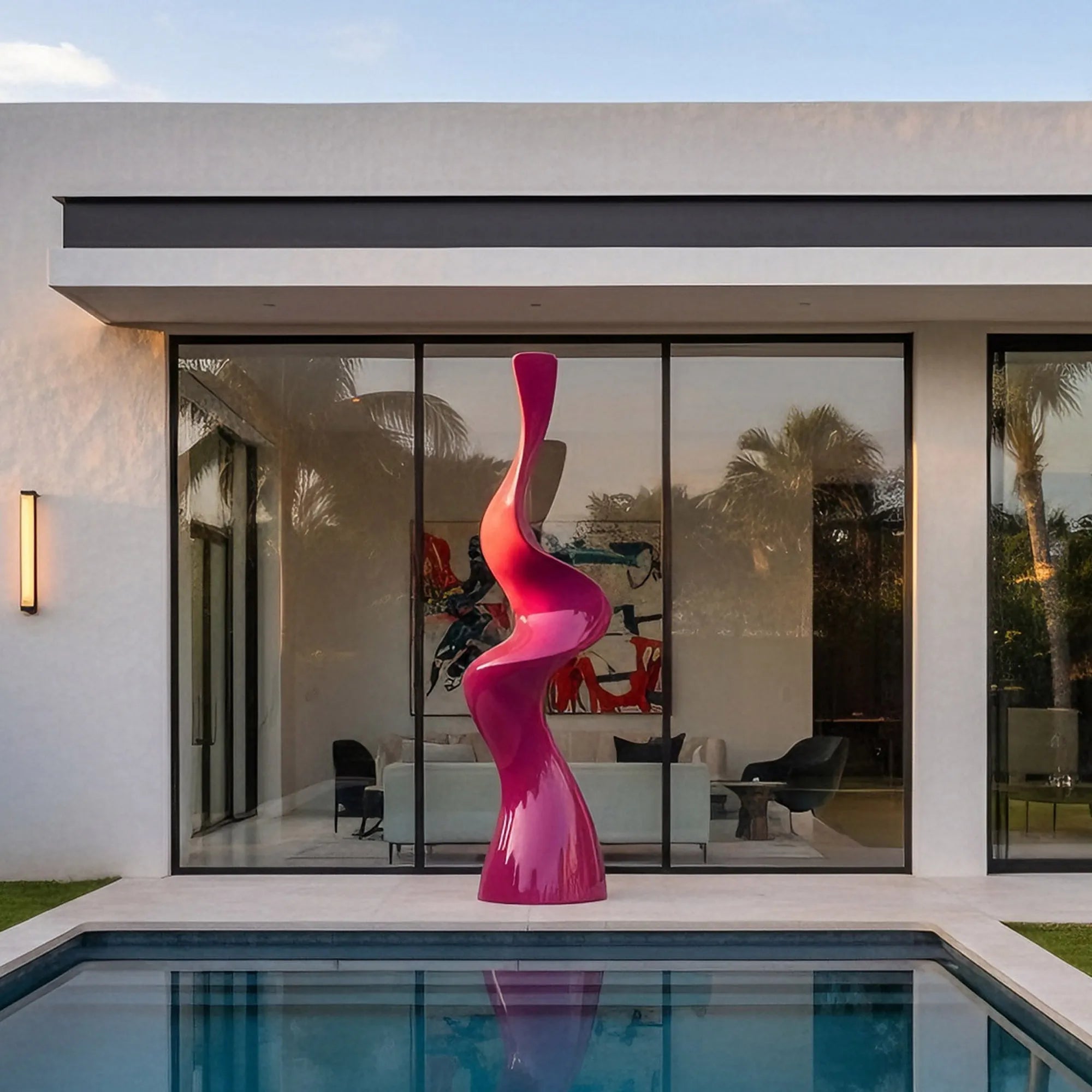 PREMIER Contemporary Pink Stainless Steel Sculpture - Curved Vertical Form for Patios, Pool Areas, and Modern Landscaping (PSSS-187)