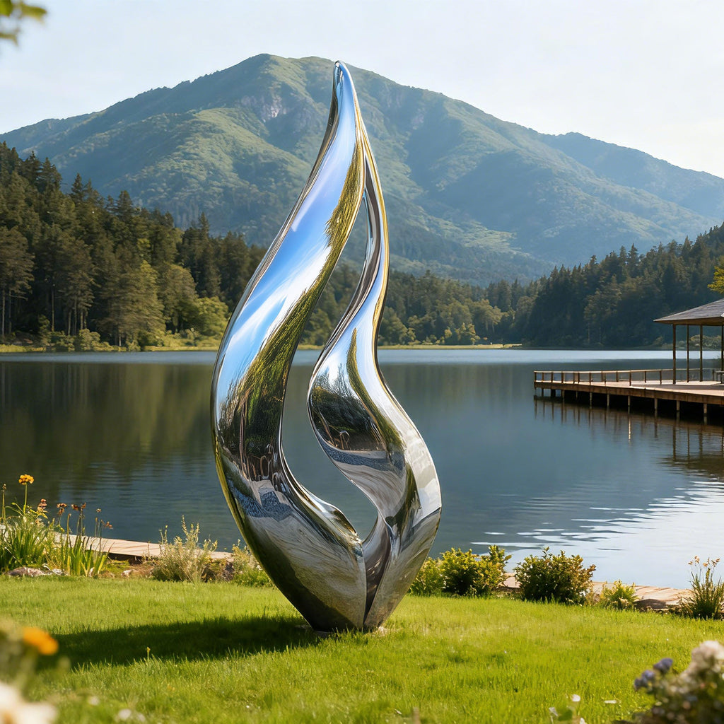 PREMIER Mirror Flame Stainless Steel Outdoor Sculpture - Flowing Modern Design for Lakeside and Garden Art (PSSS-181)