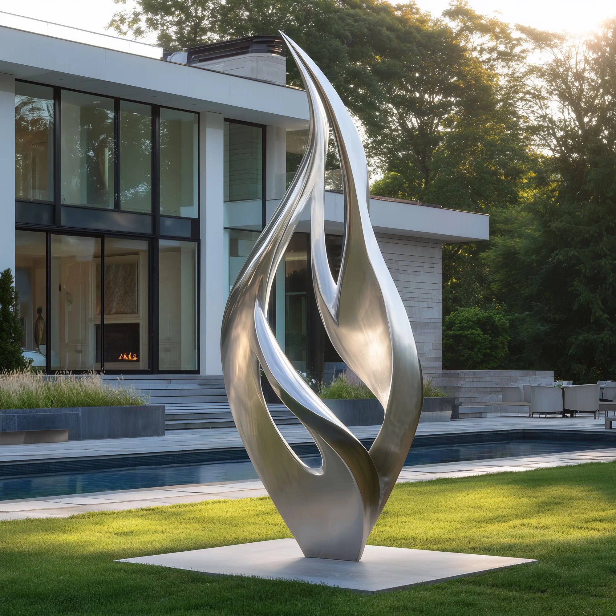 PREMIER Modern Stainless Steel Flame Sculpture - Elegant Courtyard, Hotel, and Poolside Art (PSSS-180)