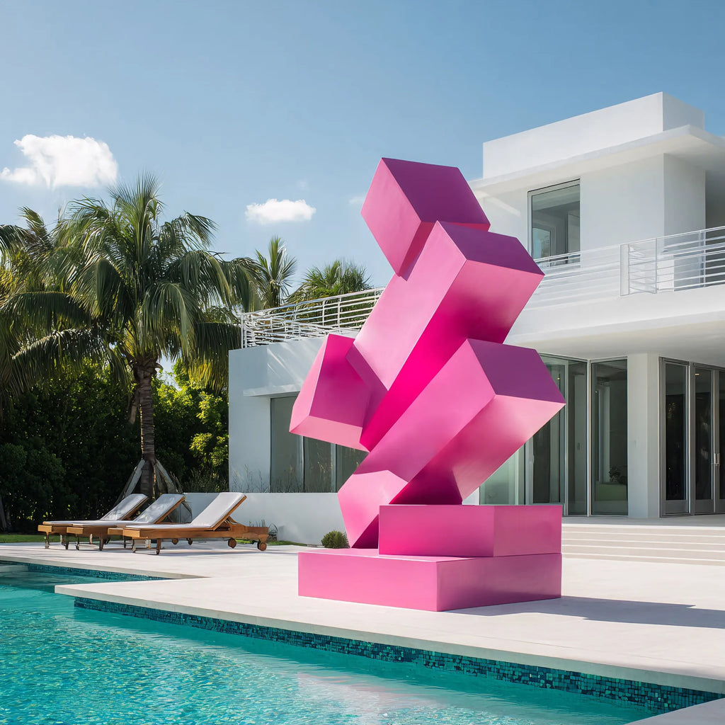 PREMIER Pink Geometric Stainless Steel Sculpture, Stacked Block Design for Modern Outdoor Spaces (PSSS-188)