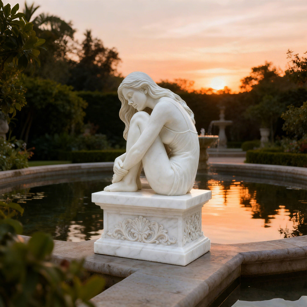 PREMIER Serene Seated Girl statue white Marble for Estate Gardens, Luxury Courtyards and Memorial Fountains PSM-078