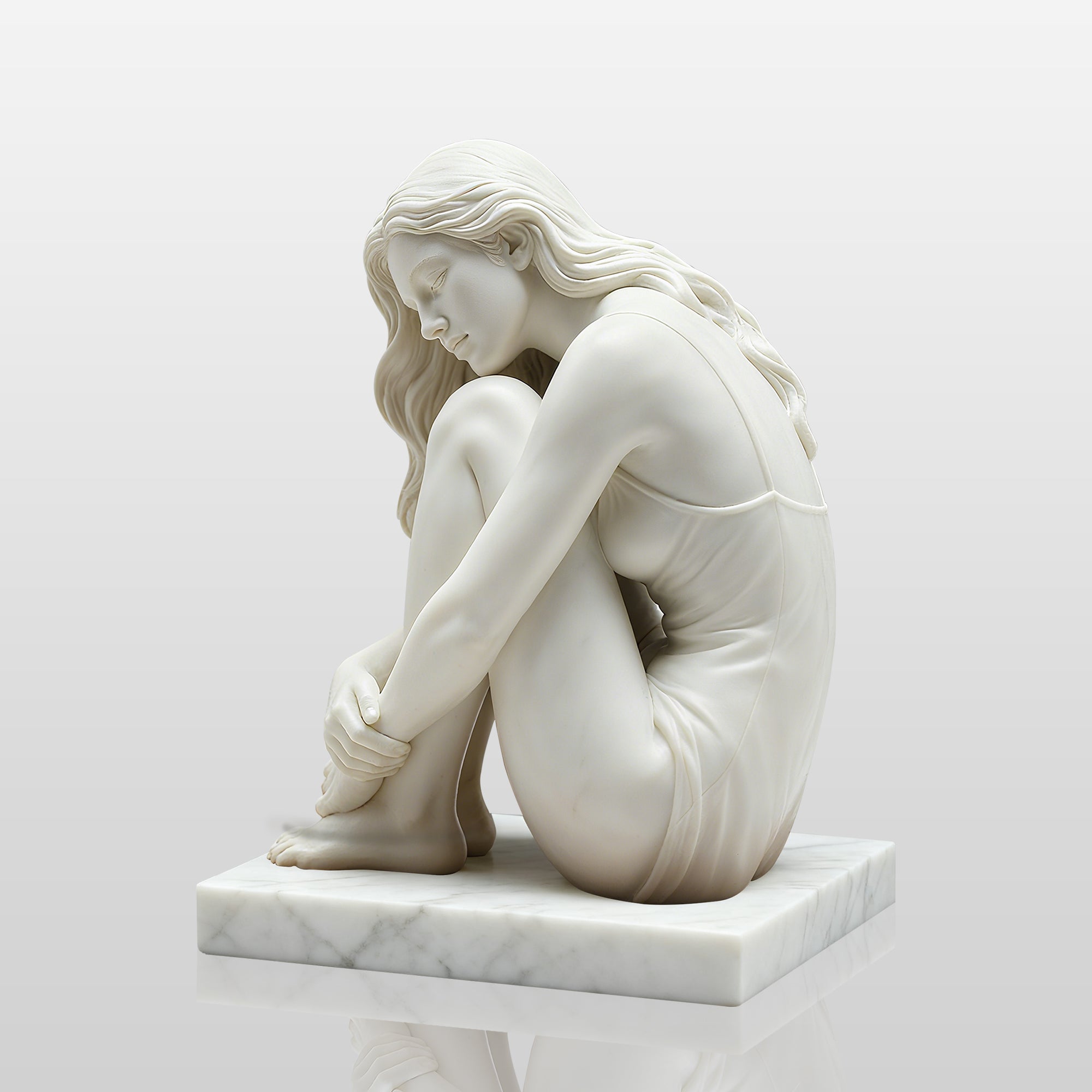 PREMIER Serene Seated Girl statue white Marble for Estate Gardens, Luxury Courtyards and Memorial Fountains PSM-078