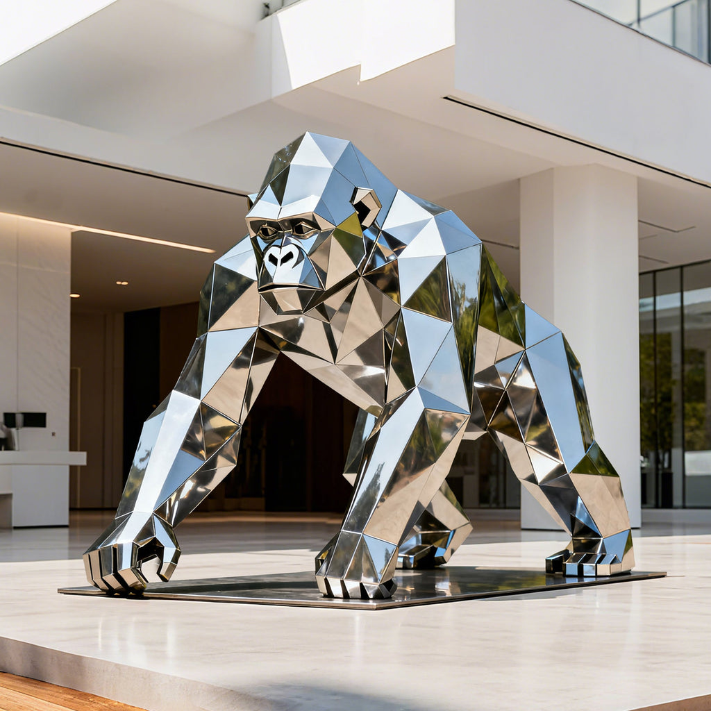 PREMIER Stainless Steel Gorilla Sculpture - Majestic Geometric Art for Luxury Entrances, Modern Villas, and Art Spaces (PSSS-179)