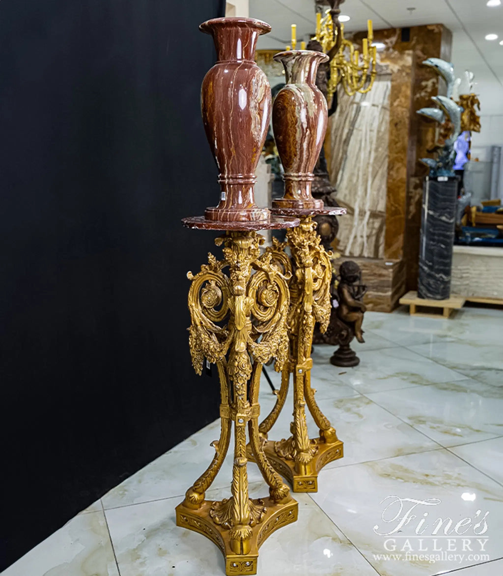 Rare Red Alabaster Decorative Vase with Gold Gilt Bronze Pedestal - Luxury Polished Natural Stone Urn