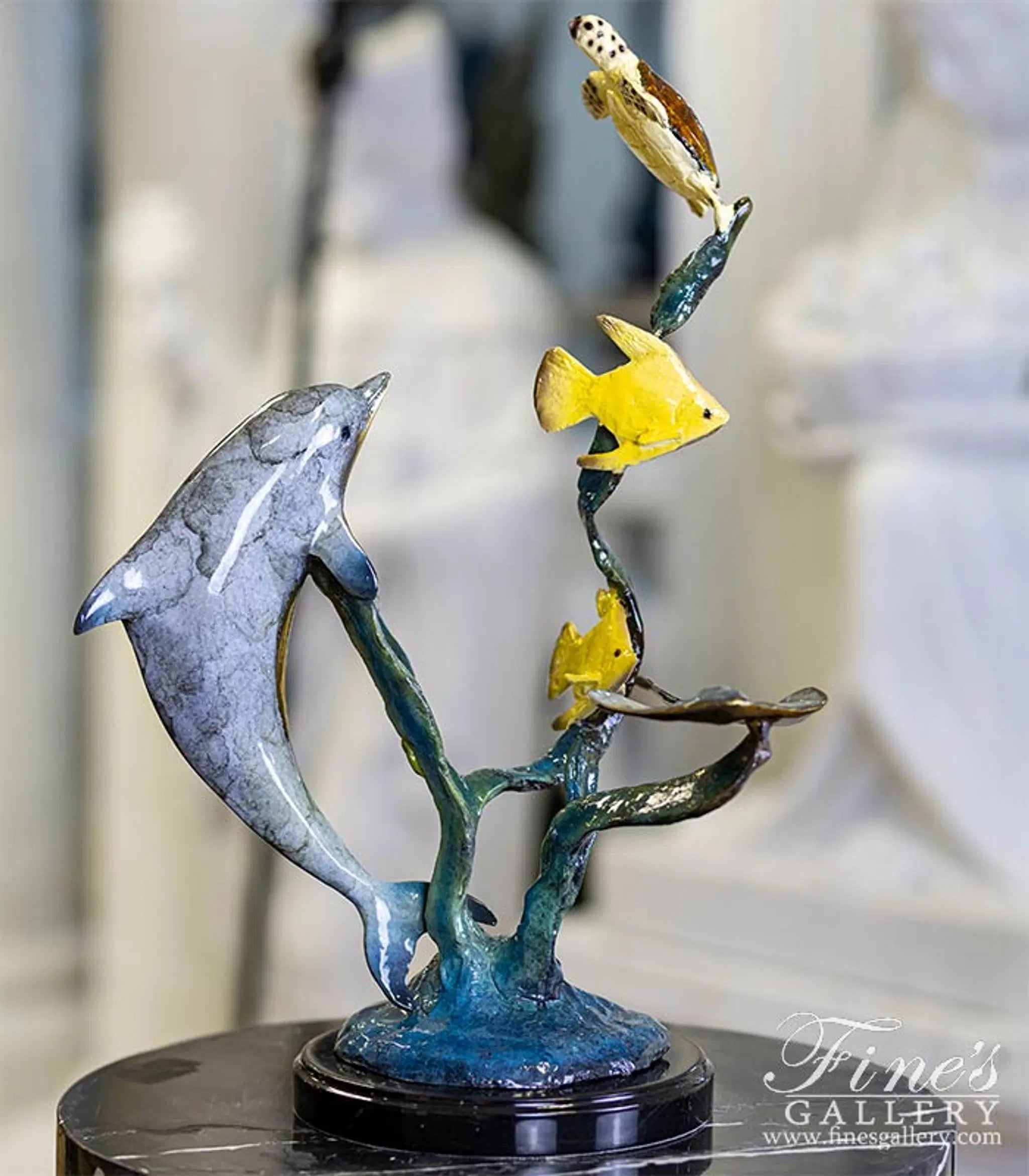 Enamel Bronze Statue - Dolphin, Sea Turtle, Tropical Fish and Stingray Table Decor