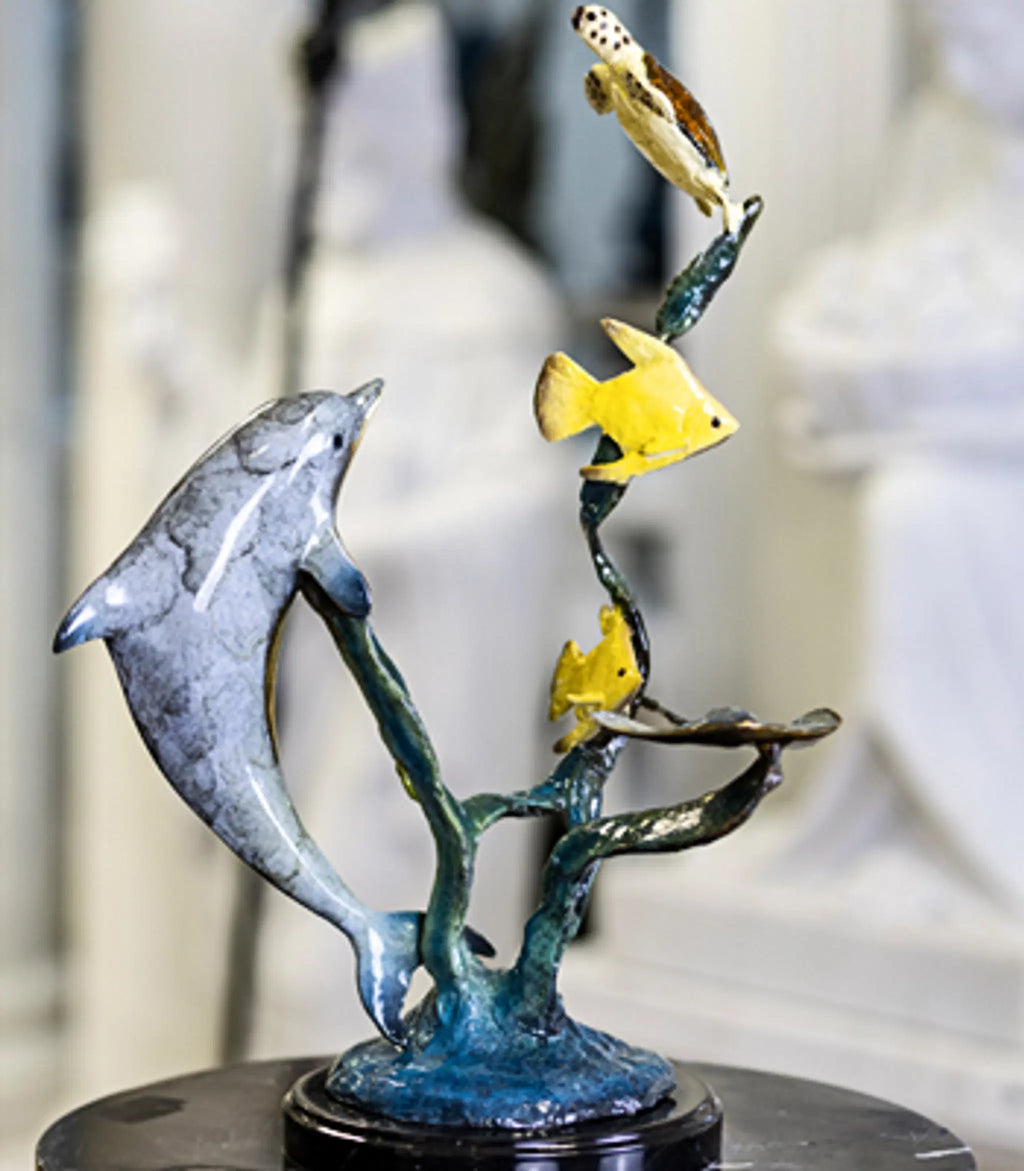 Enamel Bronze Statue - Dolphin, Sea Turtle, Tropical Fish and Stingray Table Decor