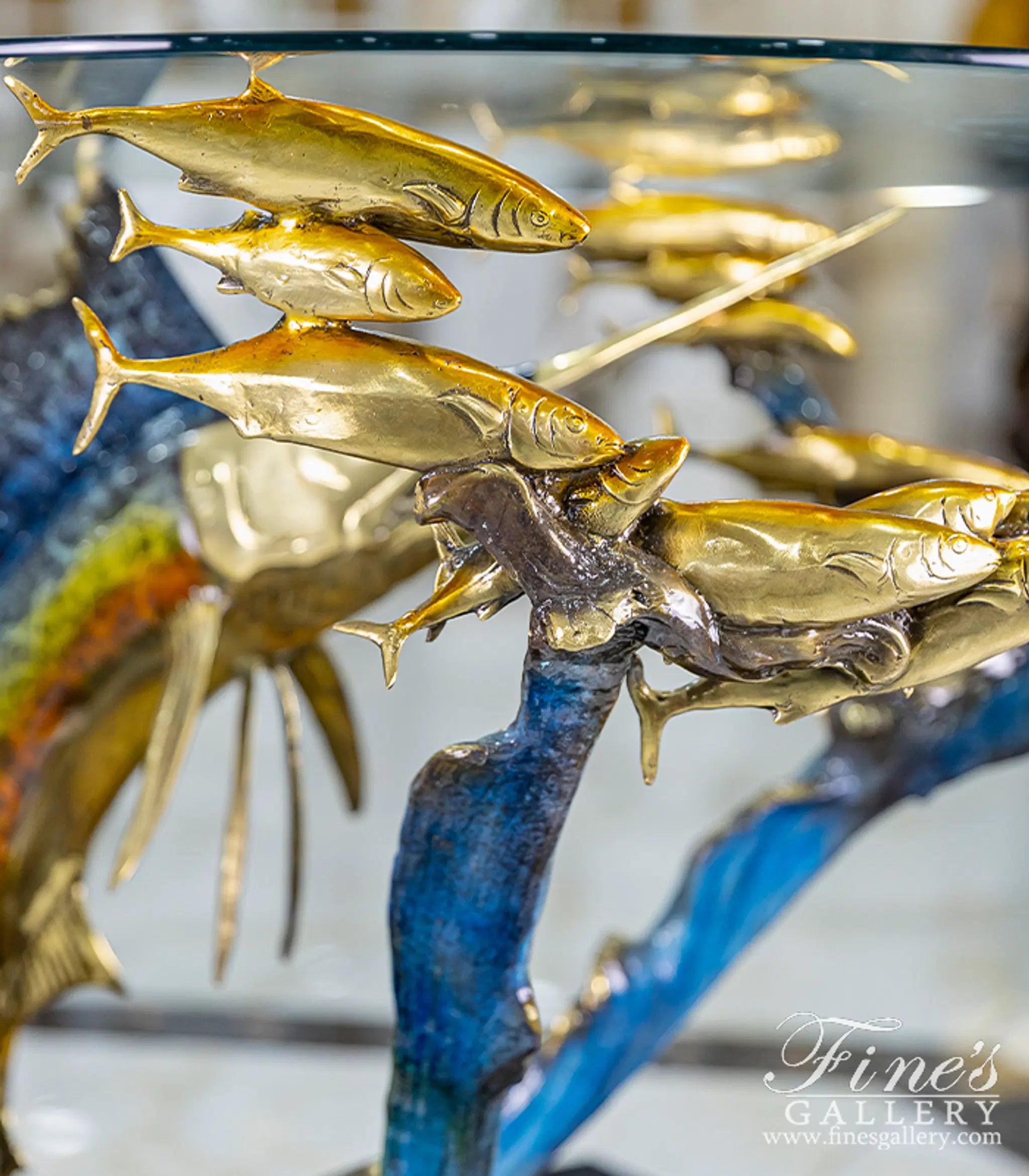 Sailfish with School of Fish Bronze Table Base - Coastal Enameled Sculpture for Indoor/Outdoor Dining - 36"W×29"H×31"D