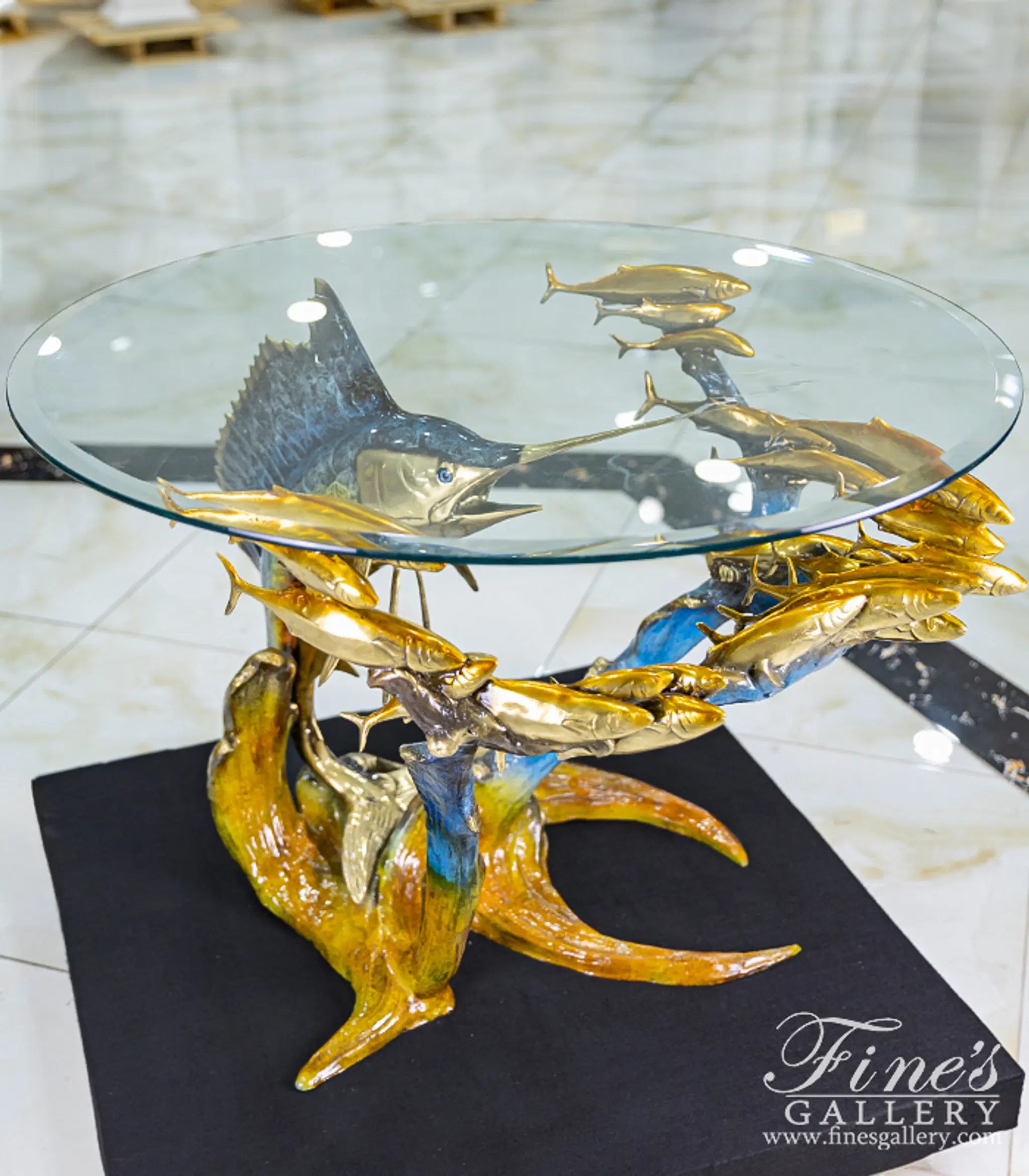 Sailfish with School of Fish Bronze Table Base - Coastal Enameled Sculpture for Indoor/Outdoor Dining - 36"W×29"H×31"D