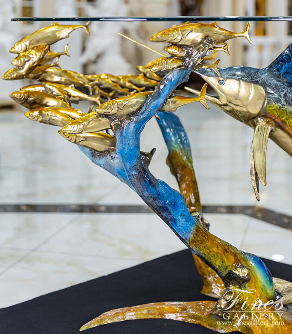 Sailfish with School of Fish Bronze Table Base - Coastal Enameled Sculpture for Indoor/Outdoor Dining - 36"W×29"H×31"D