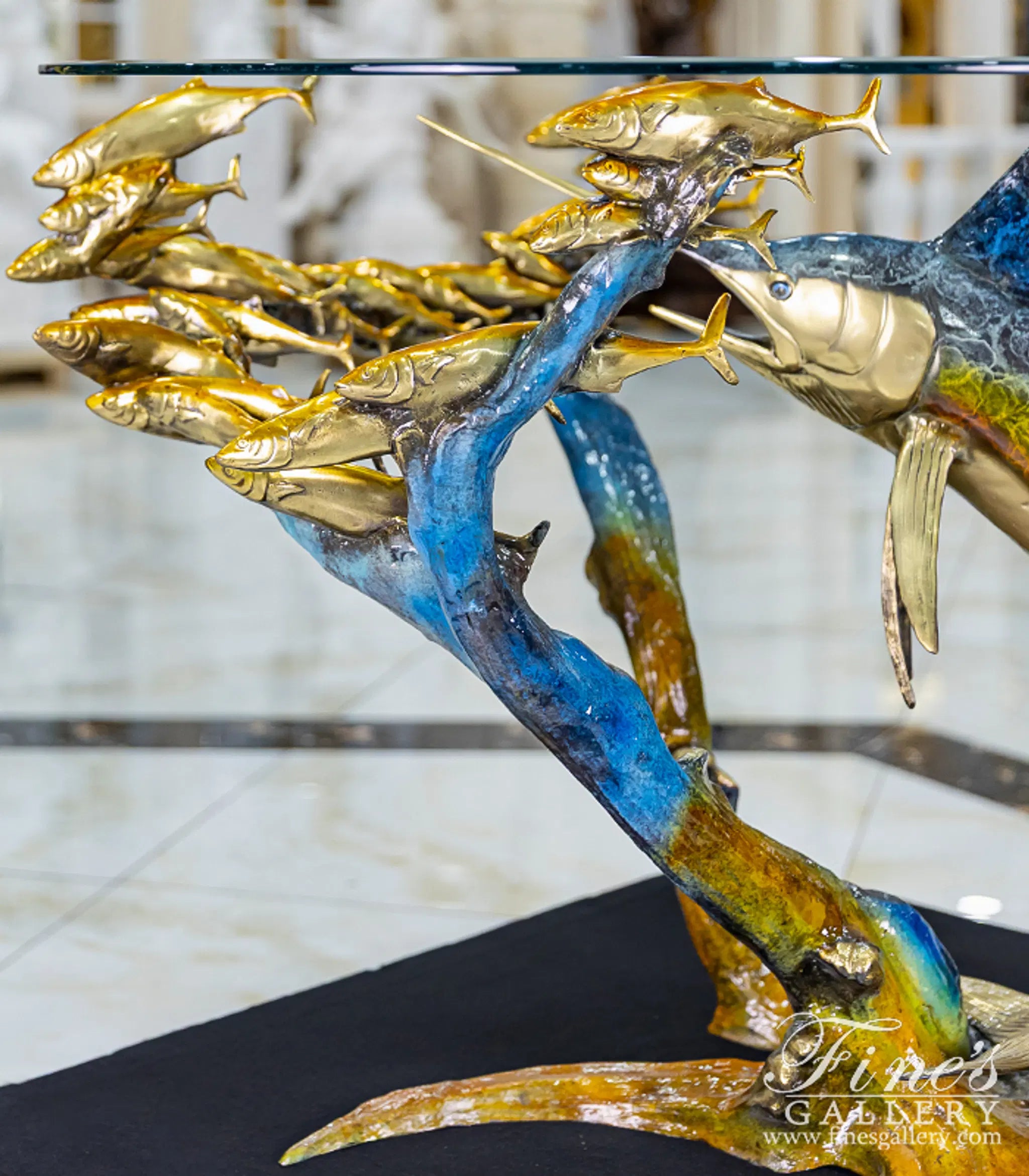 Sailfish with School of Fish Bronze Table Base - Coastal Enameled Sculpture for Indoor/Outdoor Dining - 36"W×29"H×31"D