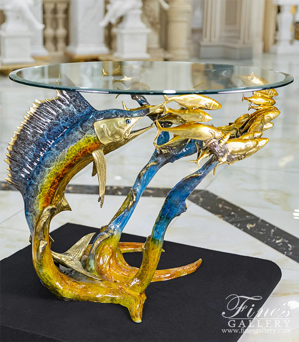 Sailfish with School of Fish Bronze Table Base - Coastal Enameled Sculpture for Indoor/Outdoor Dining - 36"W×29"H×31"D