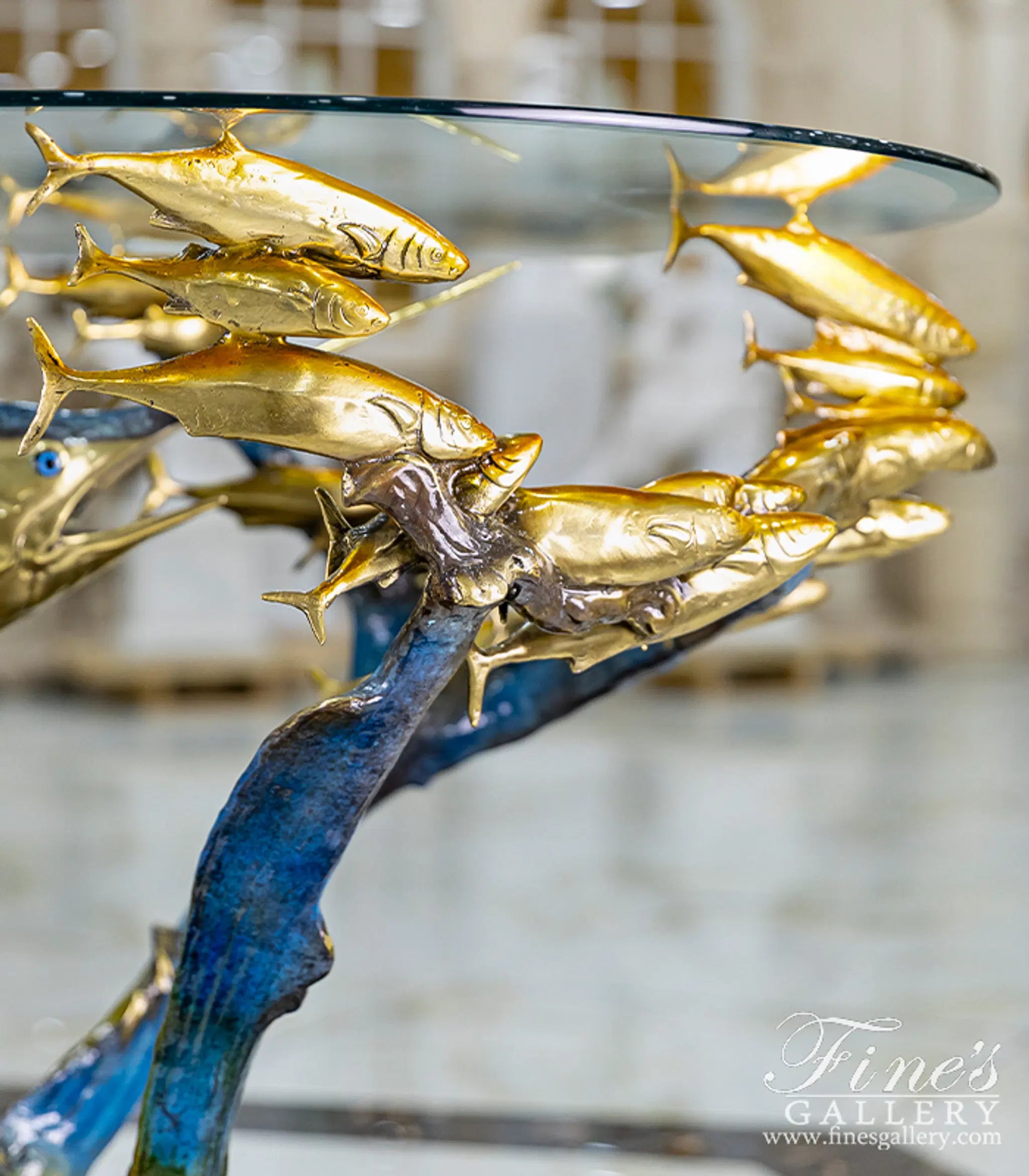 Sailfish with School of Fish Bronze Table Base - Coastal Enameled Sculpture for Indoor/Outdoor Dining - 36"W×29"H×31"D