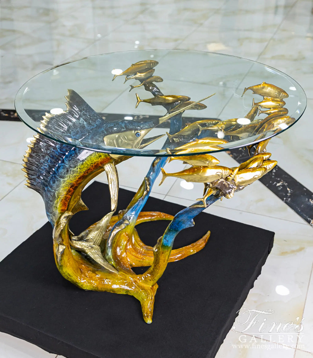 Sailfish with School of Fish Bronze Table Base - Coastal Enameled Sculpture for Indoor/Outdoor Dining - 36"W×29"H×31"D