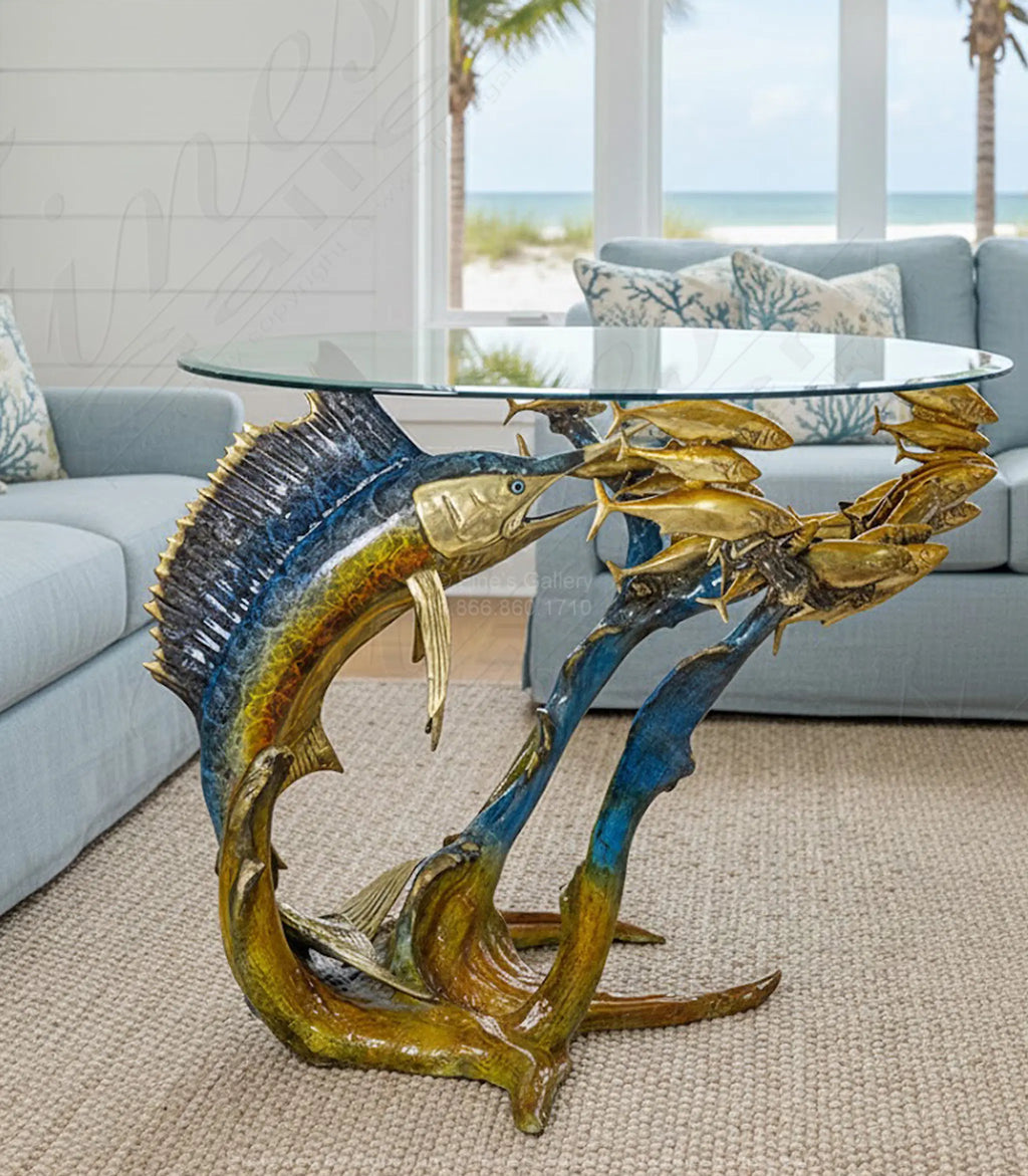 Sailfish with School of Fish Bronze Table Base - Coastal Enameled Sculpture for Indoor/Outdoor Dining - 36"W×29"H×31"D