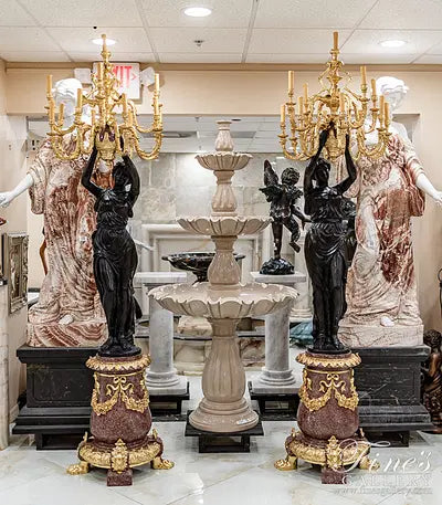 Stunning Life Size Candelabra Statue Pair with Gold Gild Chandelier