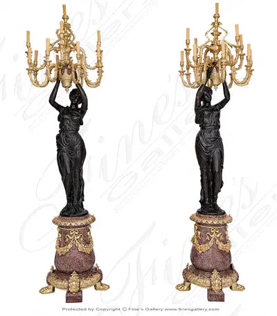 Stunning Life Size Candelabra Statue Pair with Gold Gild Chandelier
