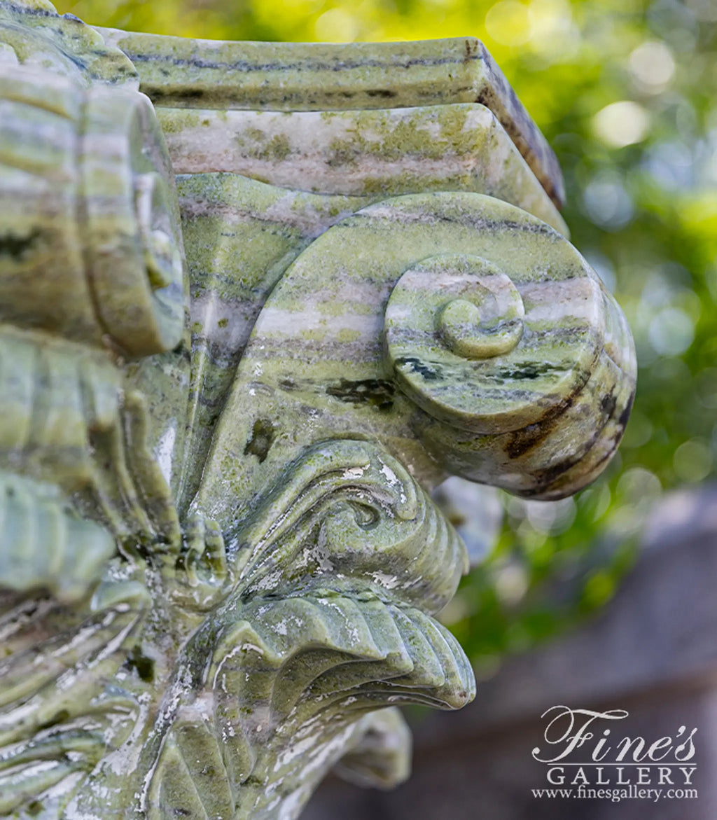 Vintage Verde Green Marble Column Pair with Hand-Carved Grape Vine Detail and Fleur Cap