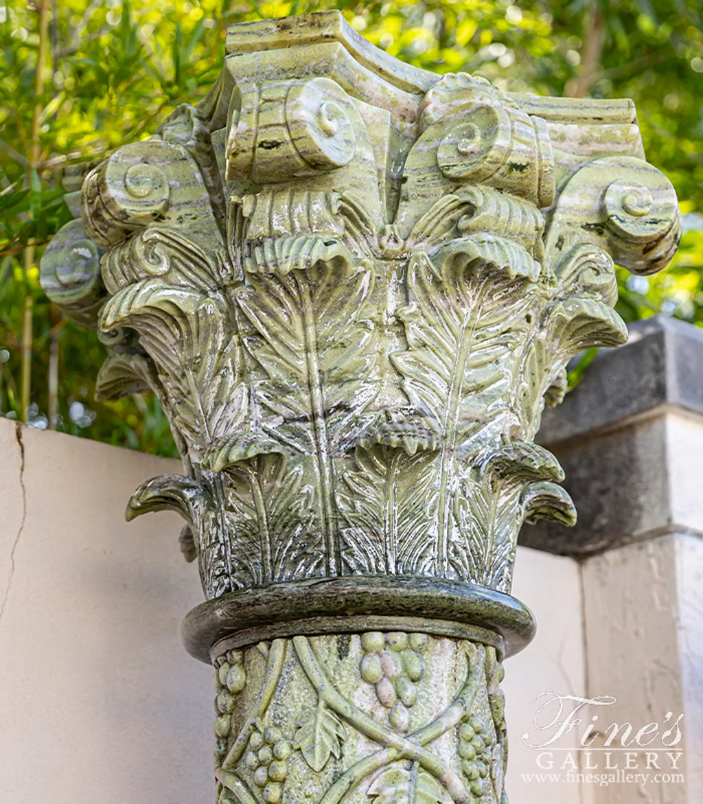 Vintage Verde Green Marble Column Pair with Hand-Carved Grape Vine Detail and Fleur Cap