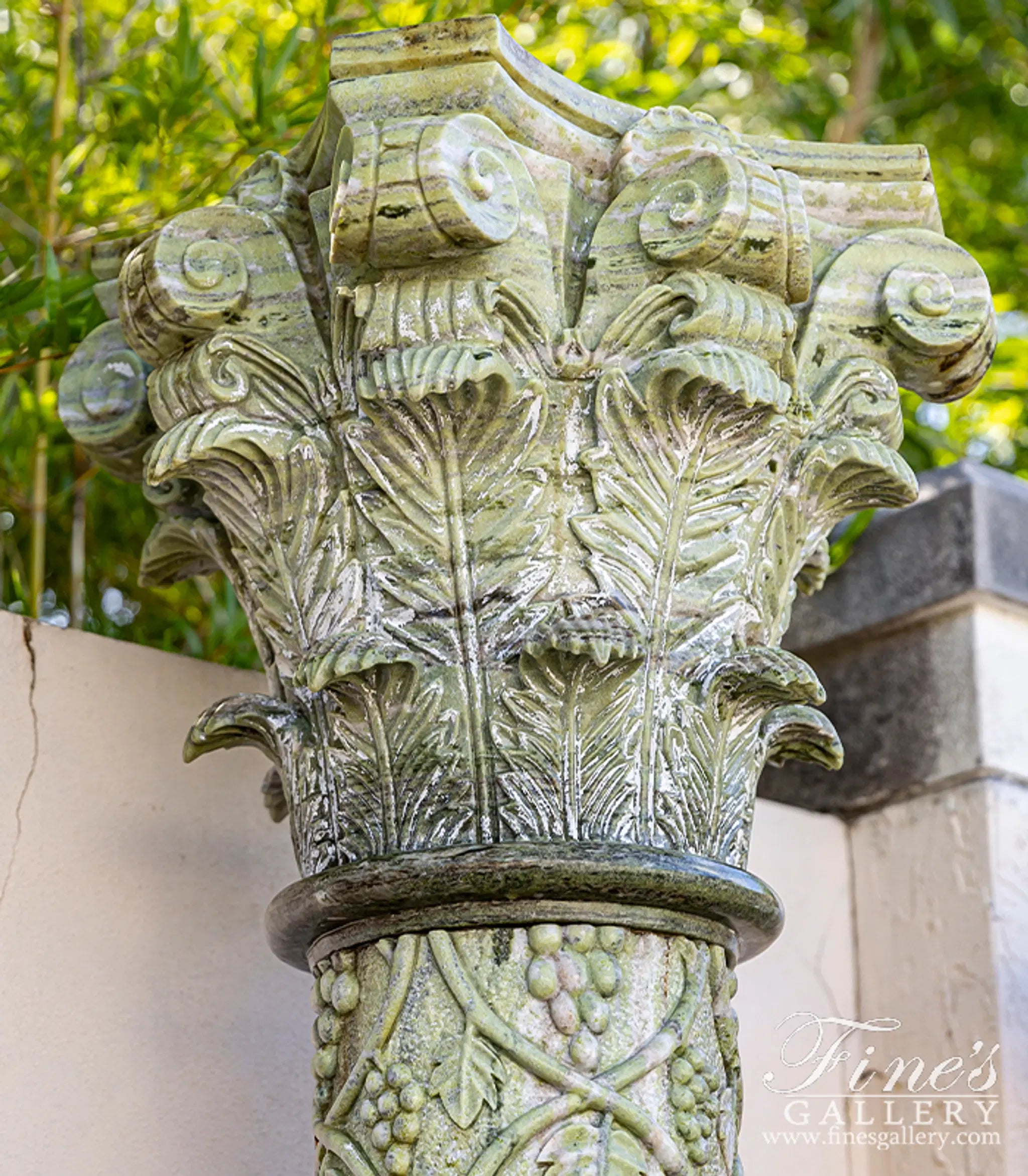 Vintage Verde Green Marble Column Pair with Hand-Carved Grape Vine Detail and Fleur Cap