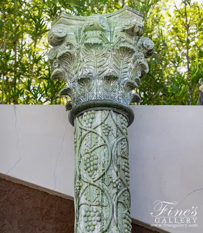 Vintage Verde Green Marble Column Pair with Hand-Carved Grape Vine Detail and Fleur Cap