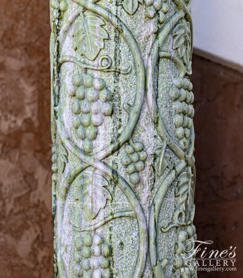 Vintage Verde Green Marble Column Pair with Hand-Carved Grape Vine Detail and Fleur Cap