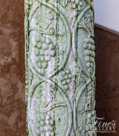 Vintage Verde Green Marble Column Pair with Hand-Carved Grape Vine Detail and Fleur Cap