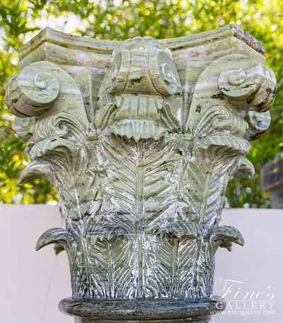 Vintage Verde Green Marble Column Pair with Hand-Carved Grape Vine Detail and Fleur Cap