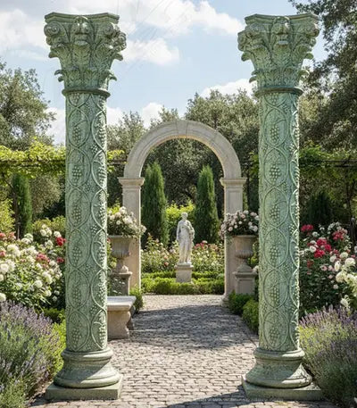Vintage Verde Green Marble Column Pair with Hand-Carved Grape Vine Detail and Fleur Cap