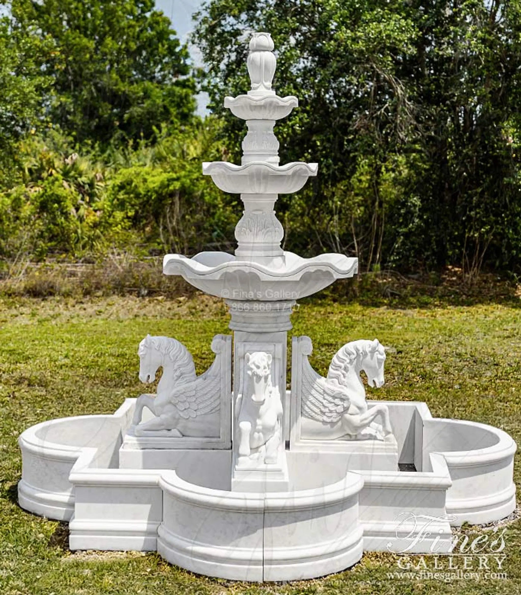 3 Tier Pegasus Fountain in Hand Carved Statuary Marble