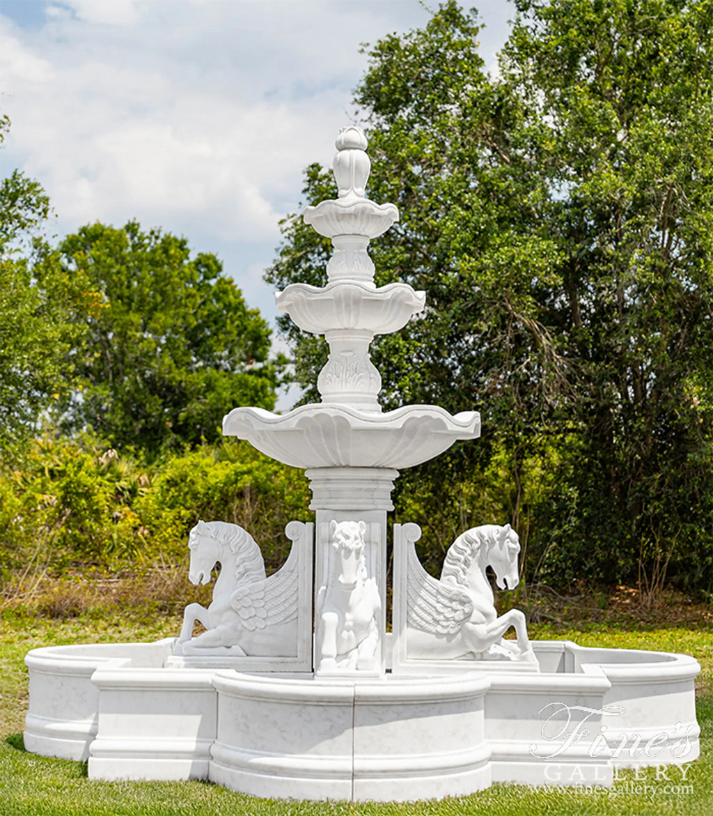 3 Tier Pegasus Fountain in Hand Carved Statuary Marble