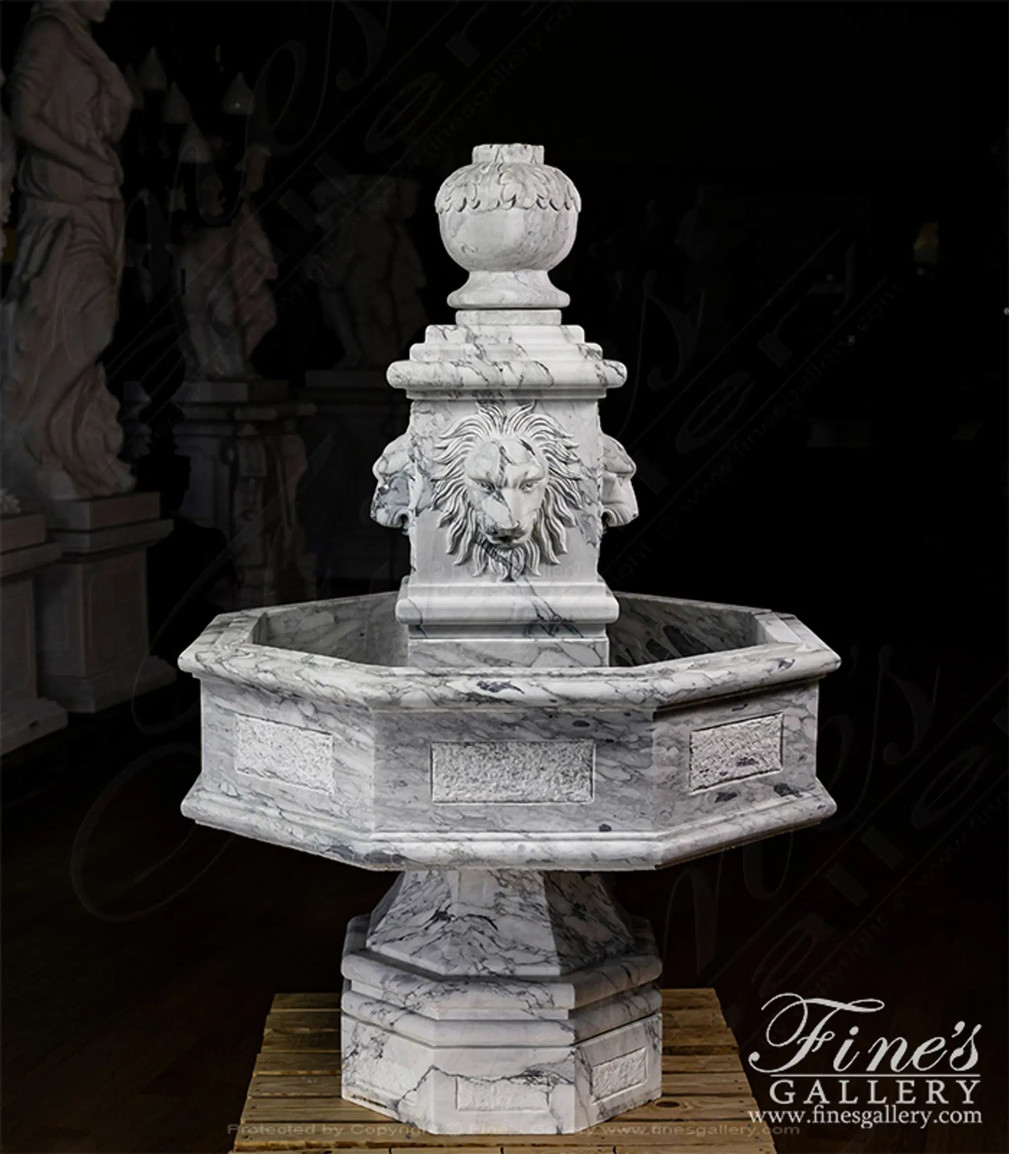 English Garden Lions Fountain - Arabascato Marble Octagonal Fountain with Lion Heads - Outdoor Water Feature