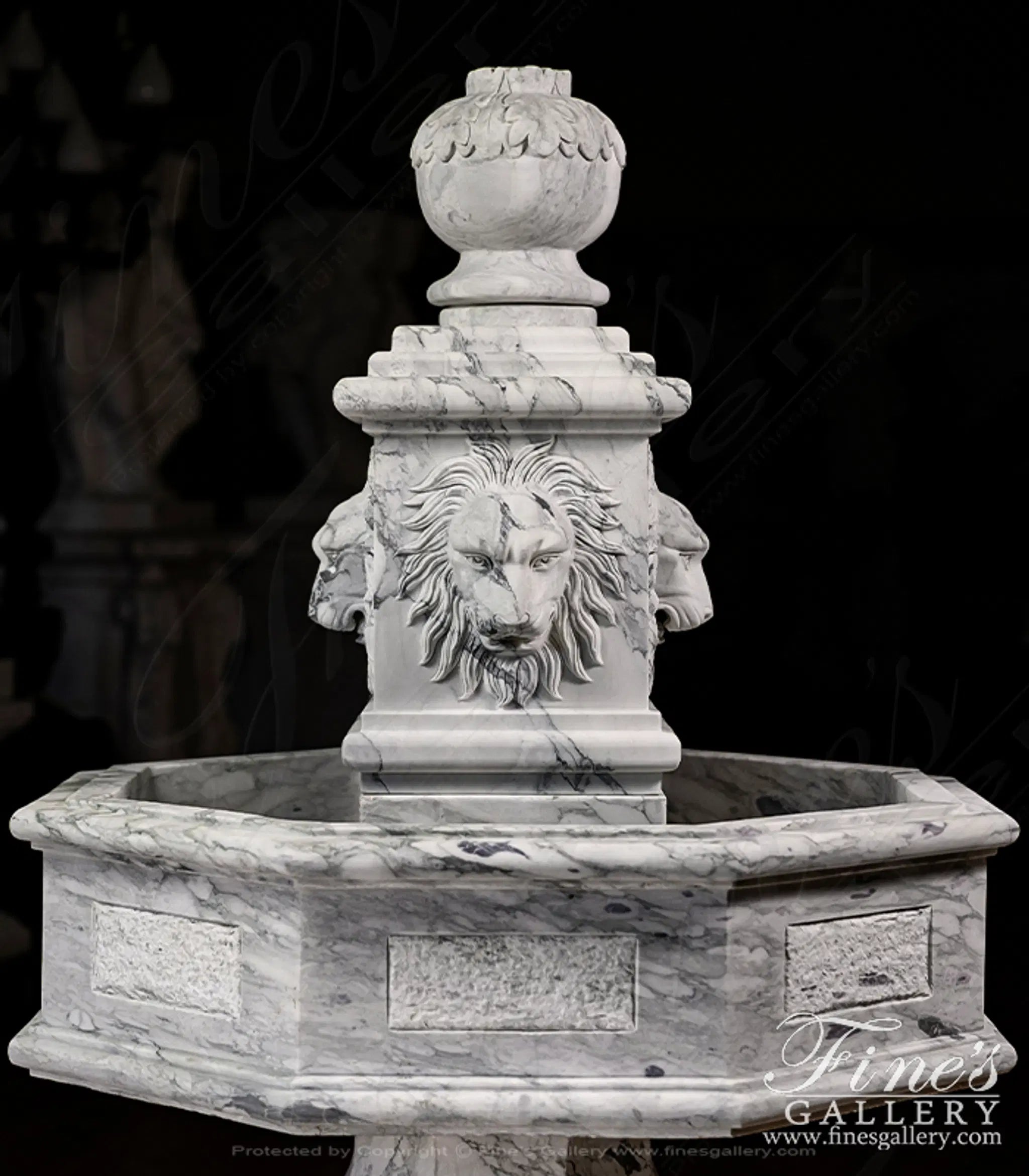 English Garden Lions Fountain - Arabascato Marble Octagonal Fountain with Lion Heads - Outdoor Water Feature