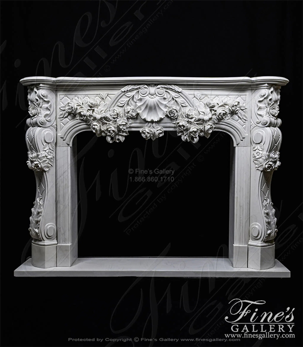 Ornate French Marble Fireplace with Rose Garlands in Deep Relief