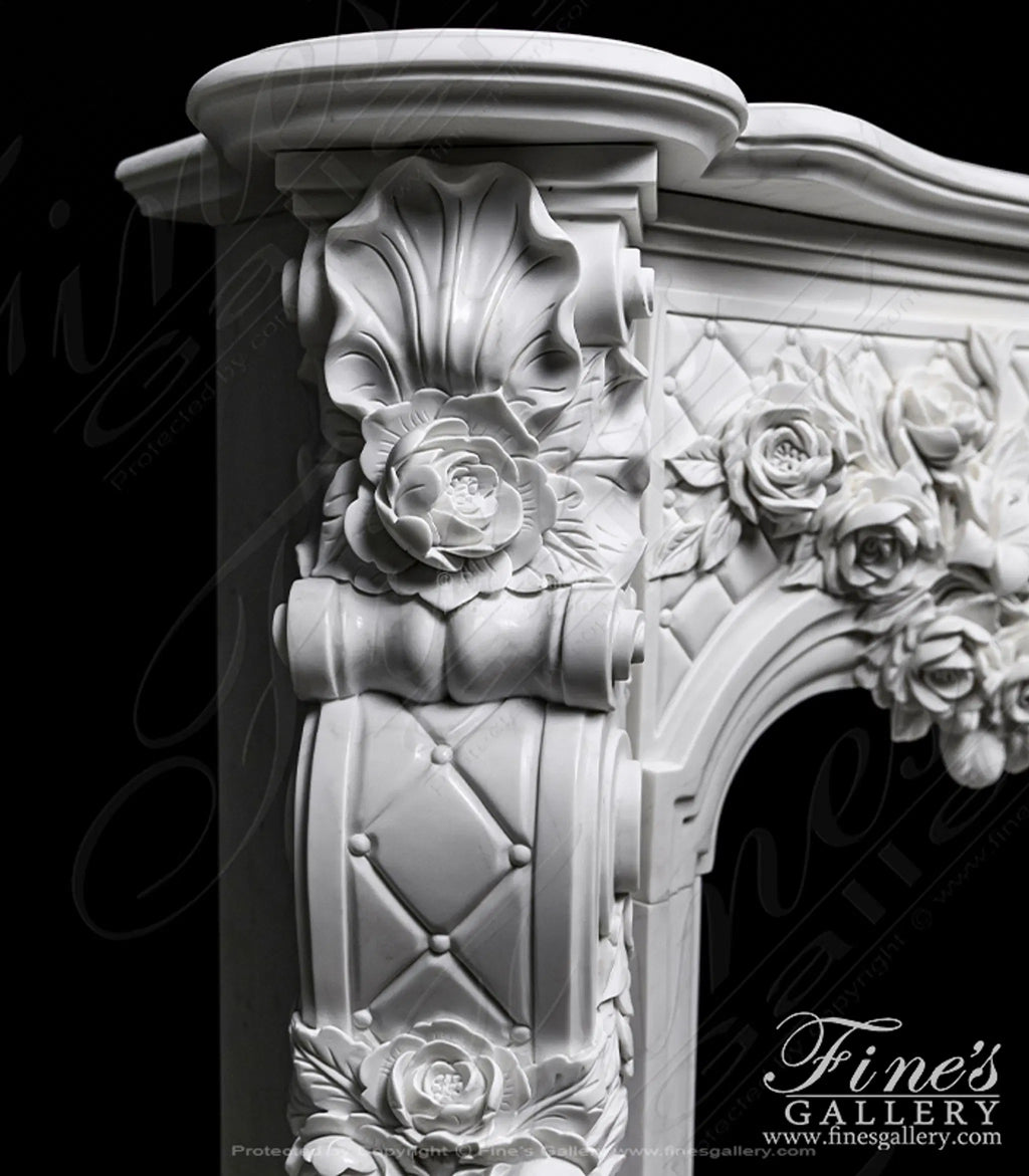 Ornate French Marble Fireplace with Rose Garlands in Deep Relief