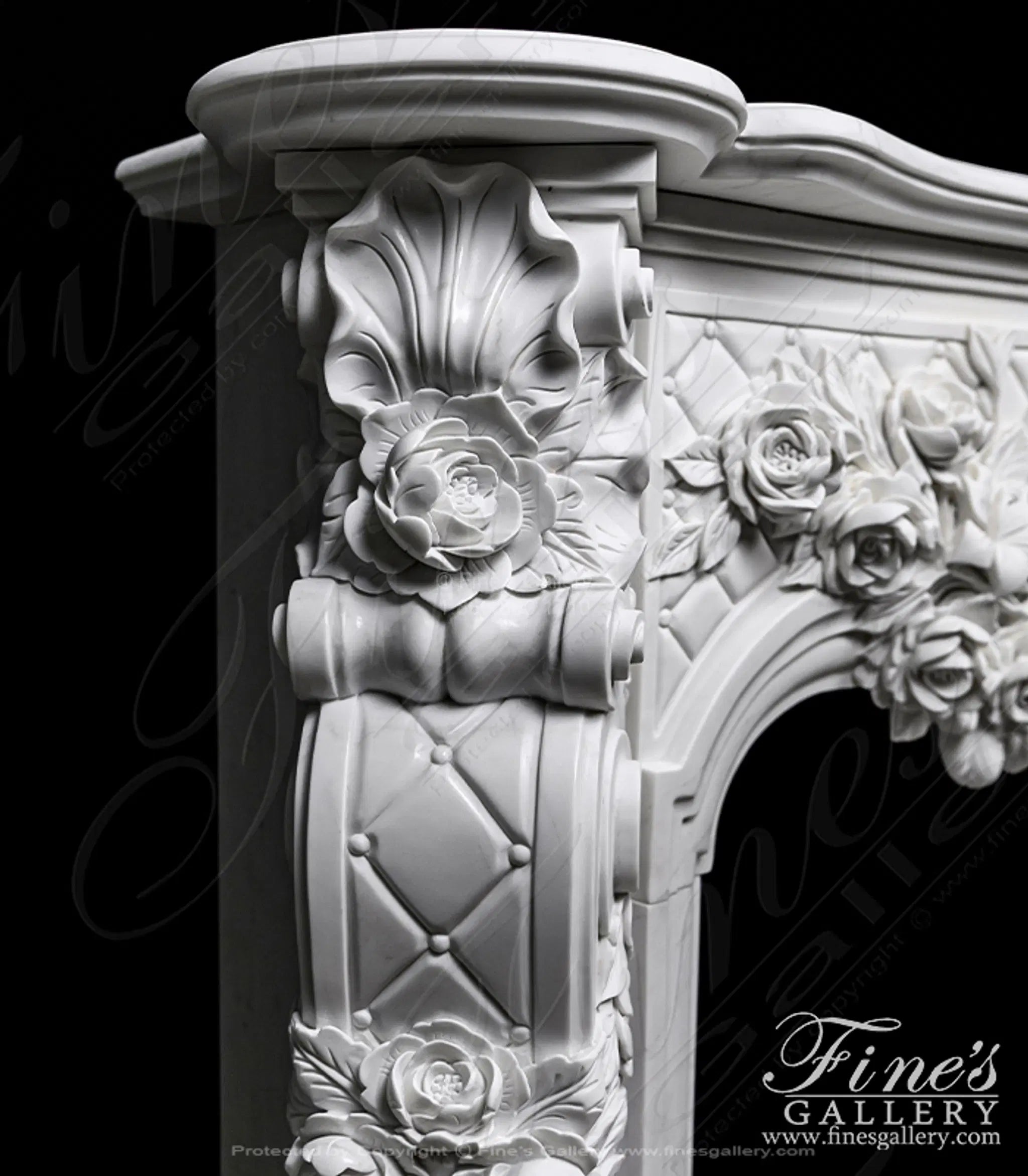 Ornate French Marble Fireplace with Rose Garlands in Deep Relief