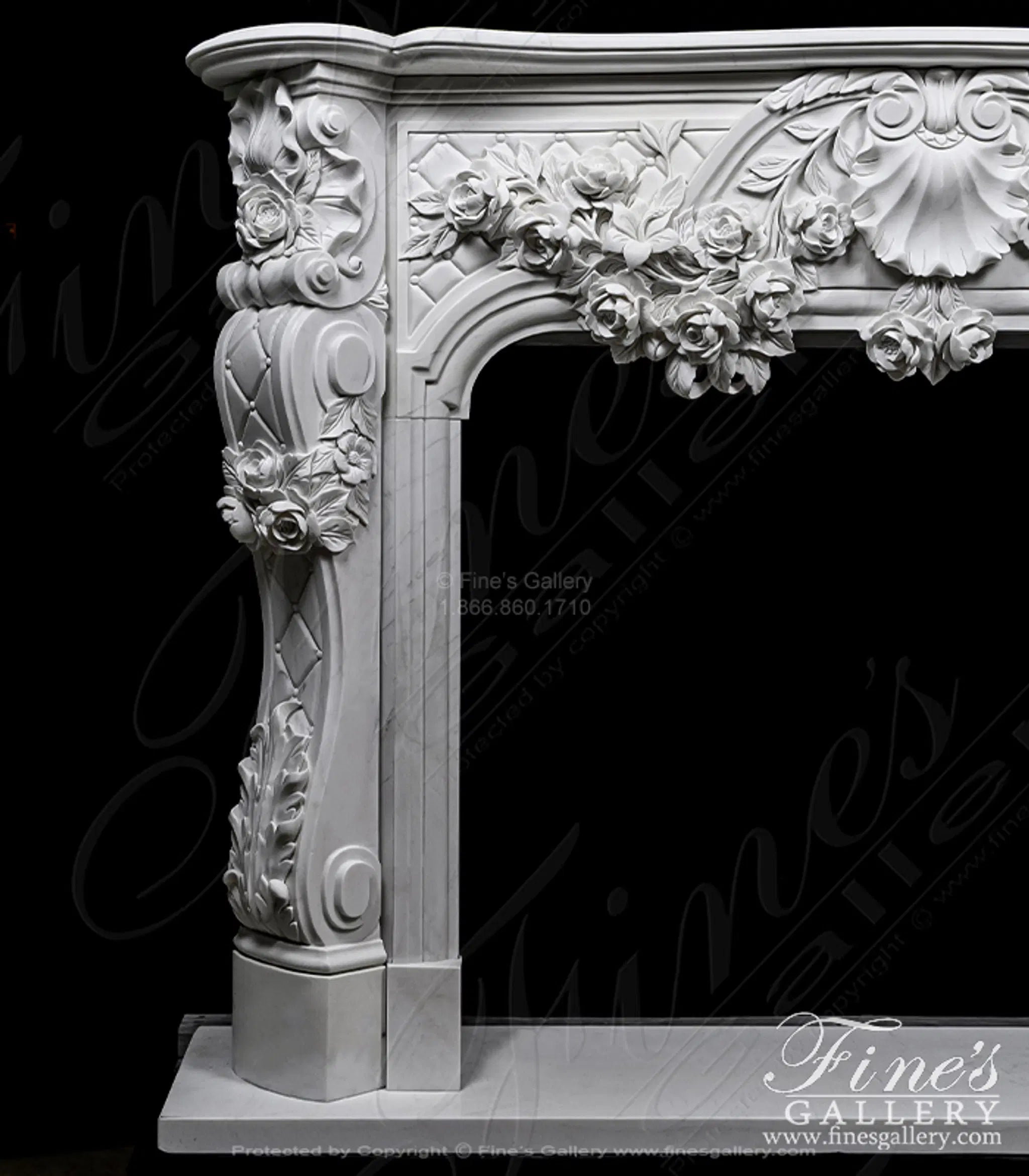 Ornate French Marble Fireplace with Rose Garlands in Deep Relief