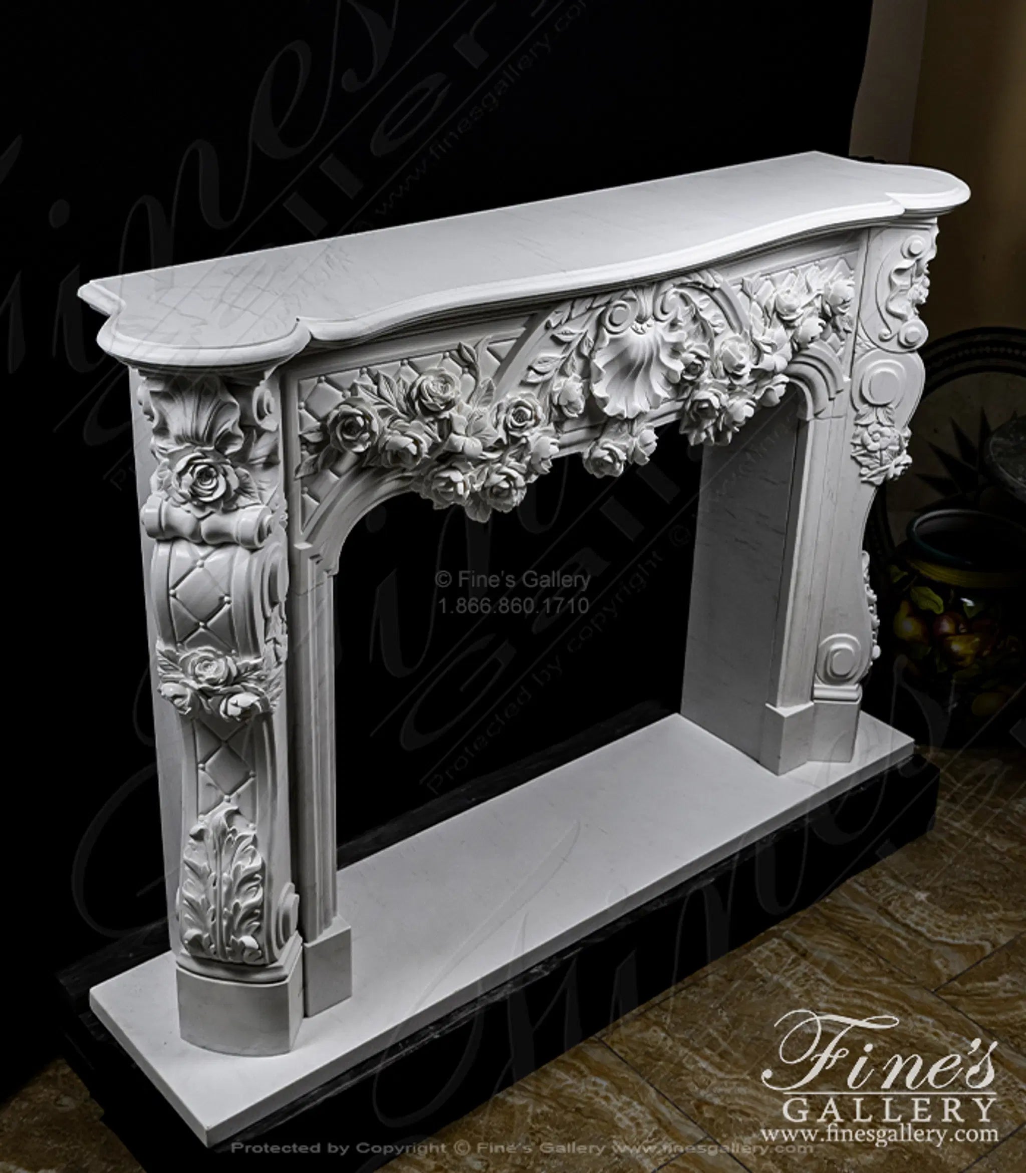 Ornate French Marble Fireplace with Rose Garlands in Deep Relief