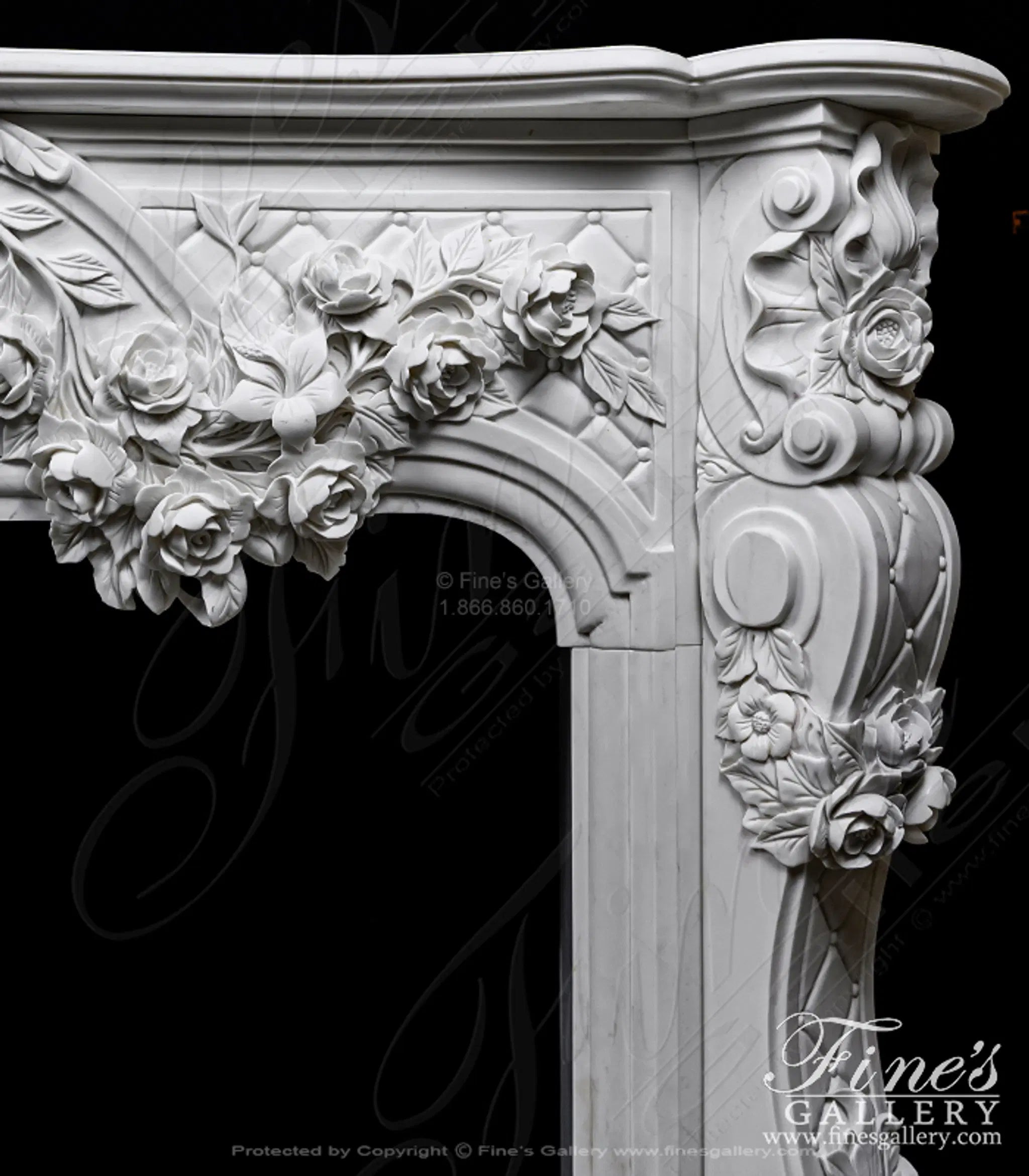 Ornate French Marble Fireplace with Rose Garlands in Deep Relief
