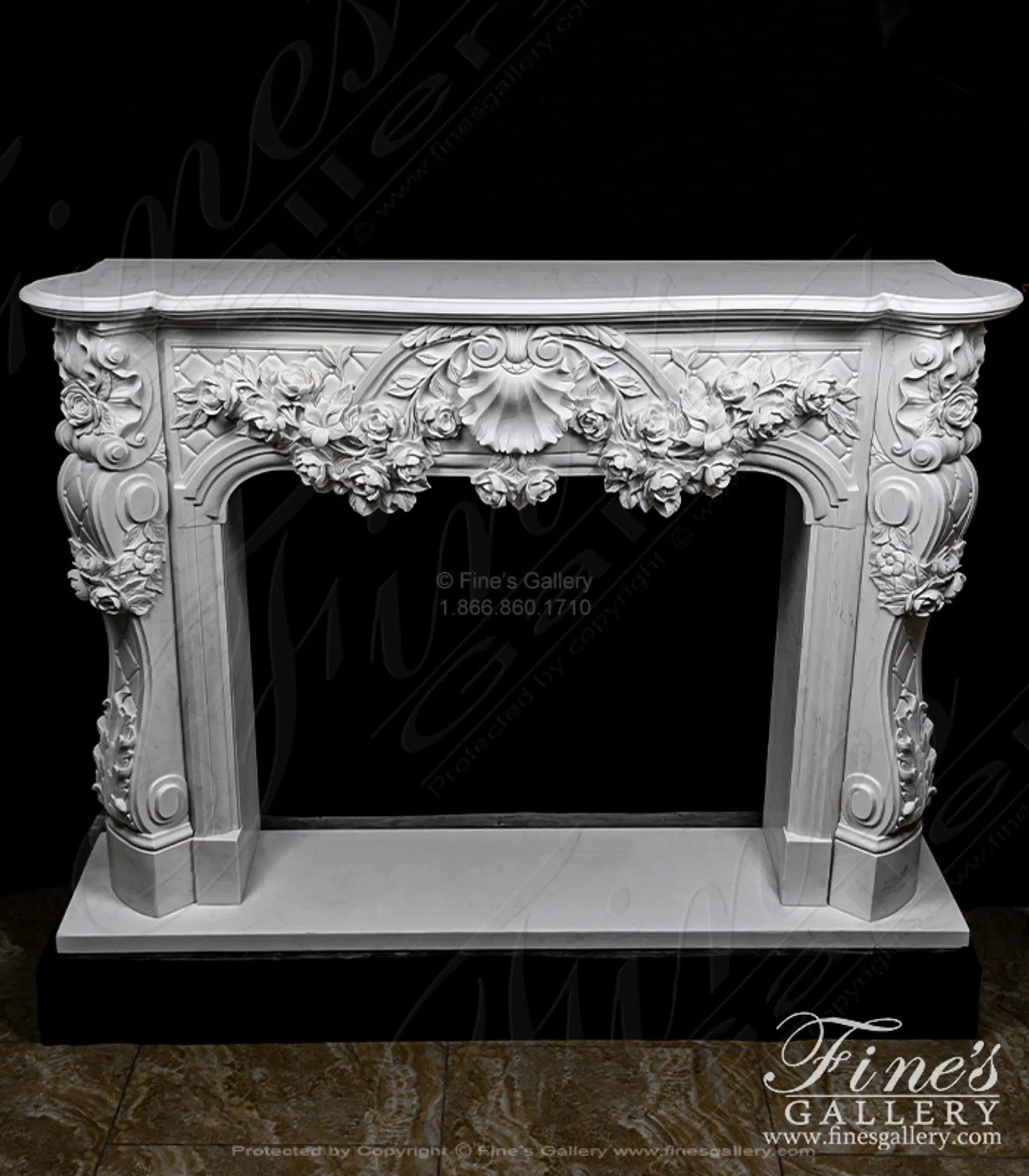 Ornate French Marble Fireplace with Rose Garlands in Deep Relief
