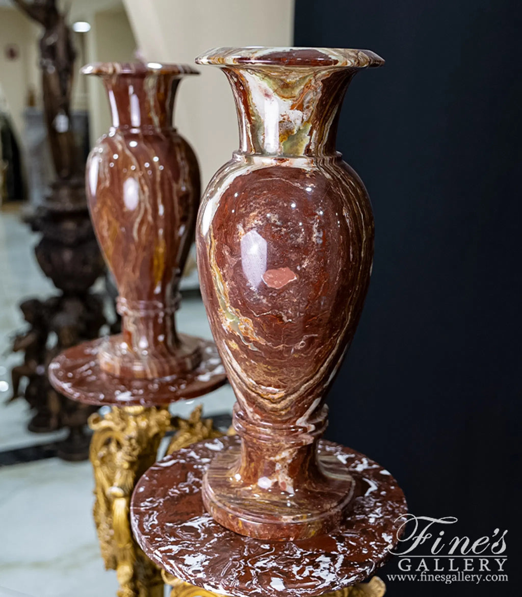 Rare Red Alabaster Decorative Vase with Gold Gilt Bronze Pedestal - Luxury Polished Natural Stone Urn