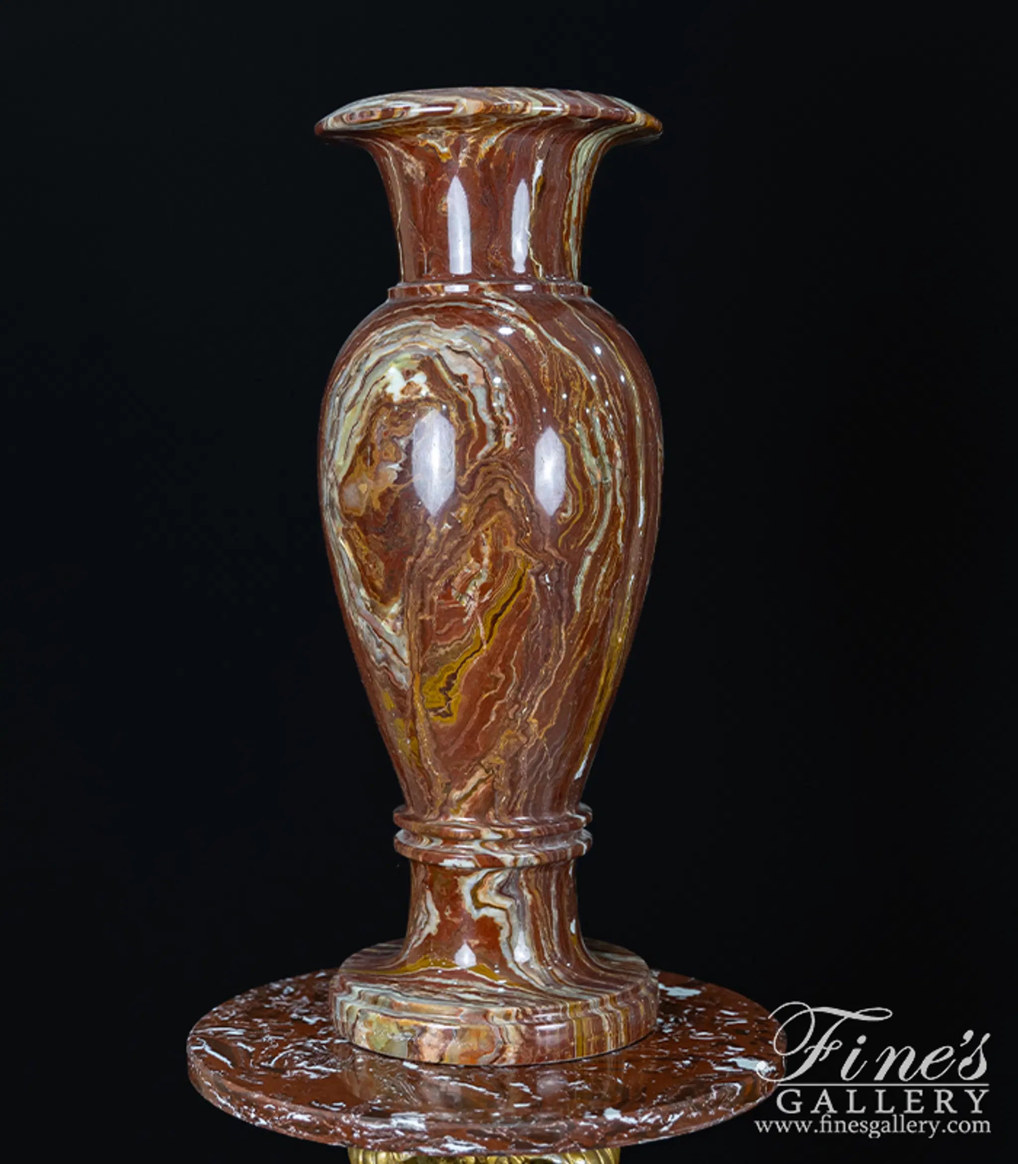 Rare Red Alabaster Decorative Vase with Gold Gilt Bronze Pedestal - Luxury Polished Natural Stone Urn