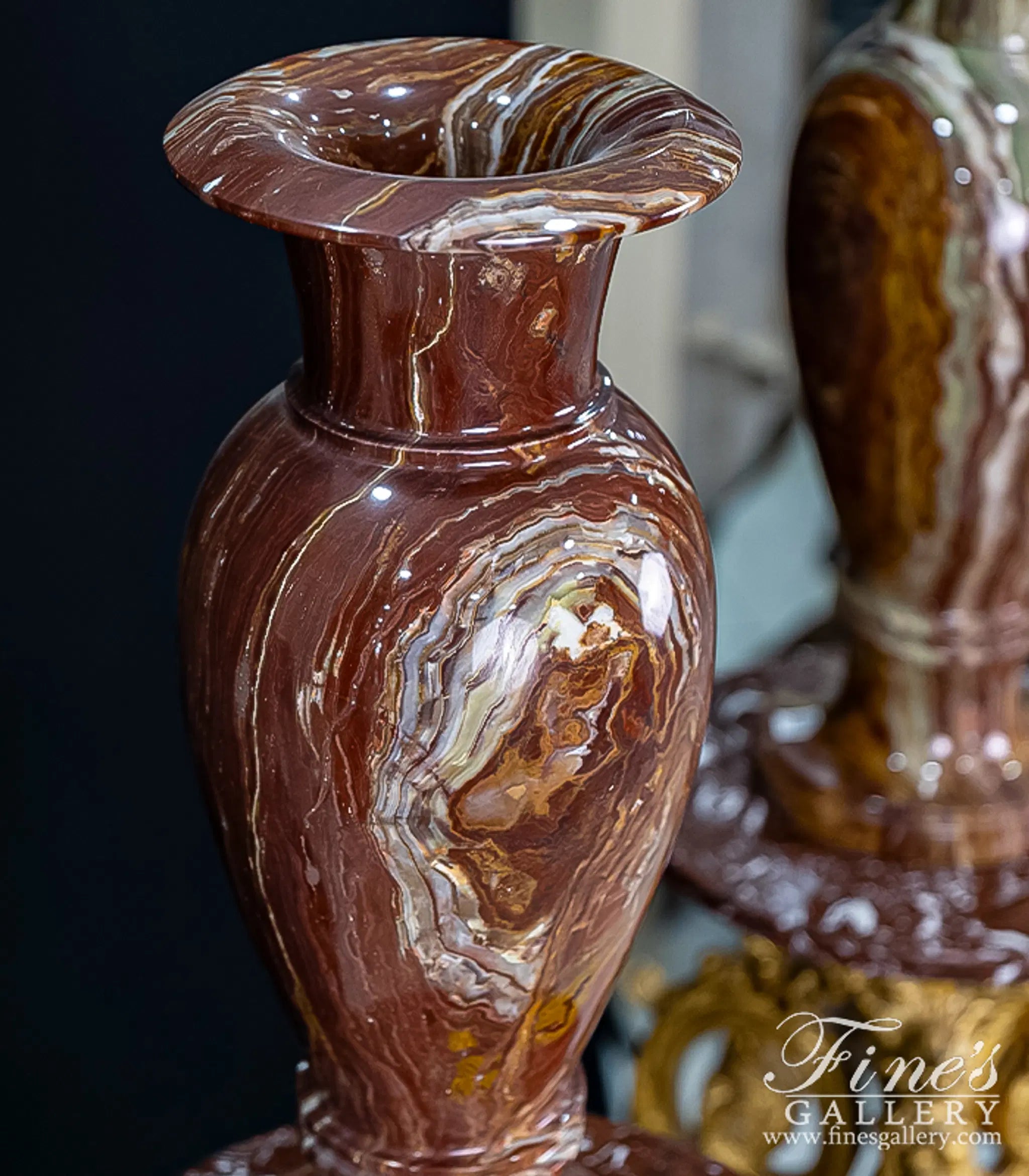 Rare Red Alabaster Decorative Vase with Gold Gilt Bronze Pedestal - Luxury Polished Natural Stone Urn