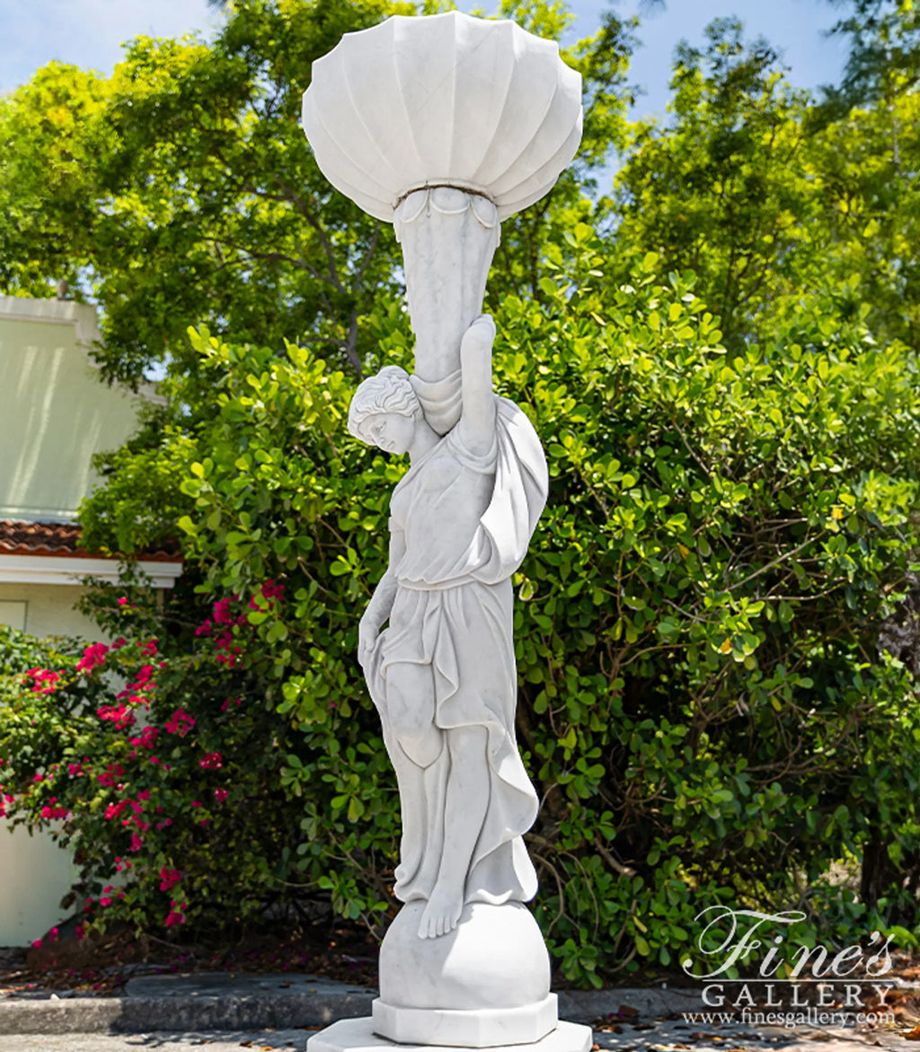 Marble Female Statues with Urns - 9ft Tall Pure White Statuary Marble Sculptures with Pedestals