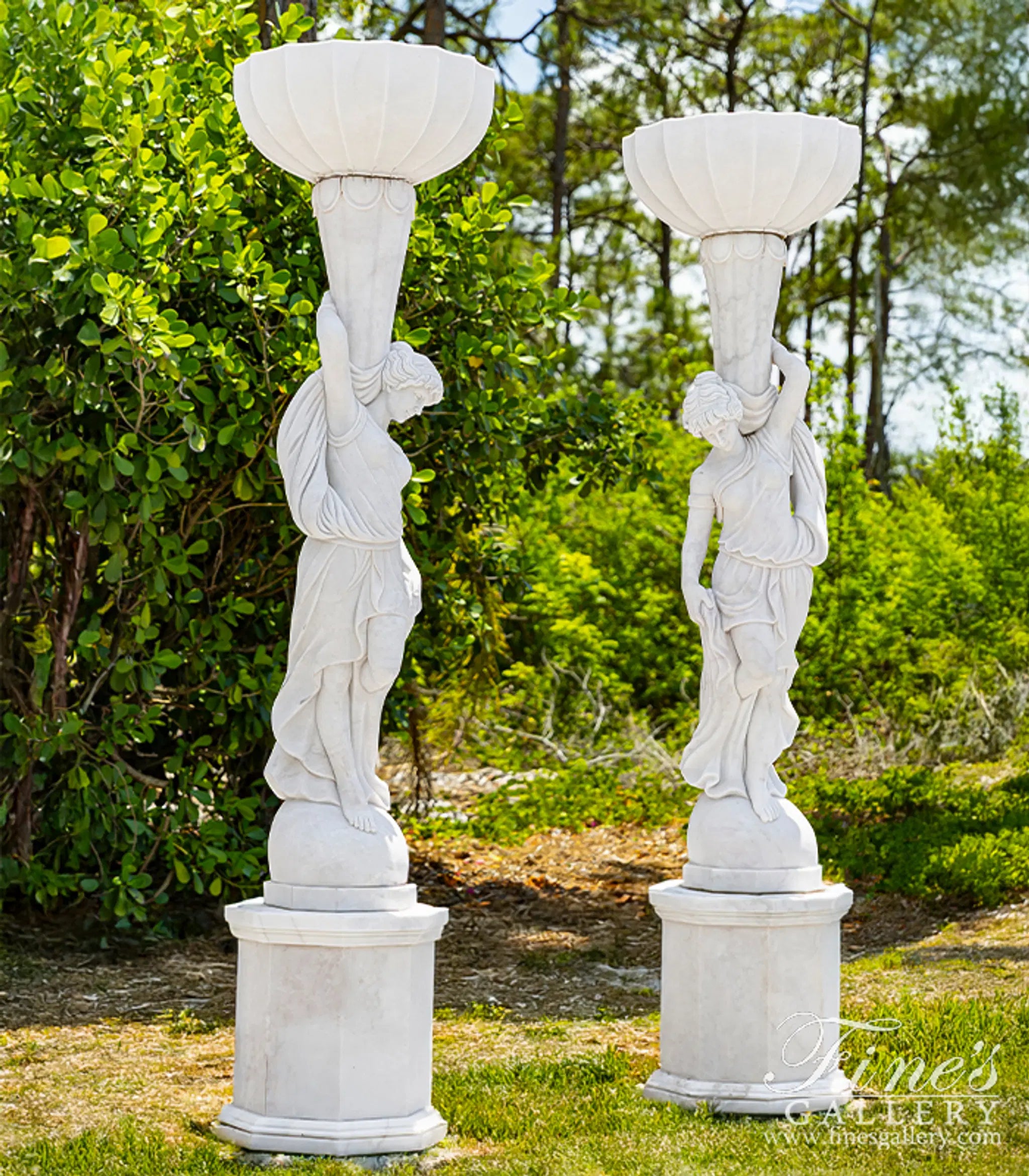 Marble Female Statues with Urns - 9ft Tall Pure White Statuary Marble Sculptures with Pedestals