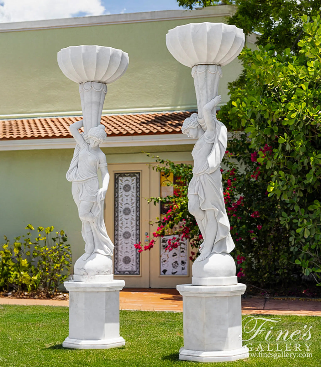 Marble Female Statues with Urns - 9ft Tall Pure White Statuary Marble Sculptures with Pedestals