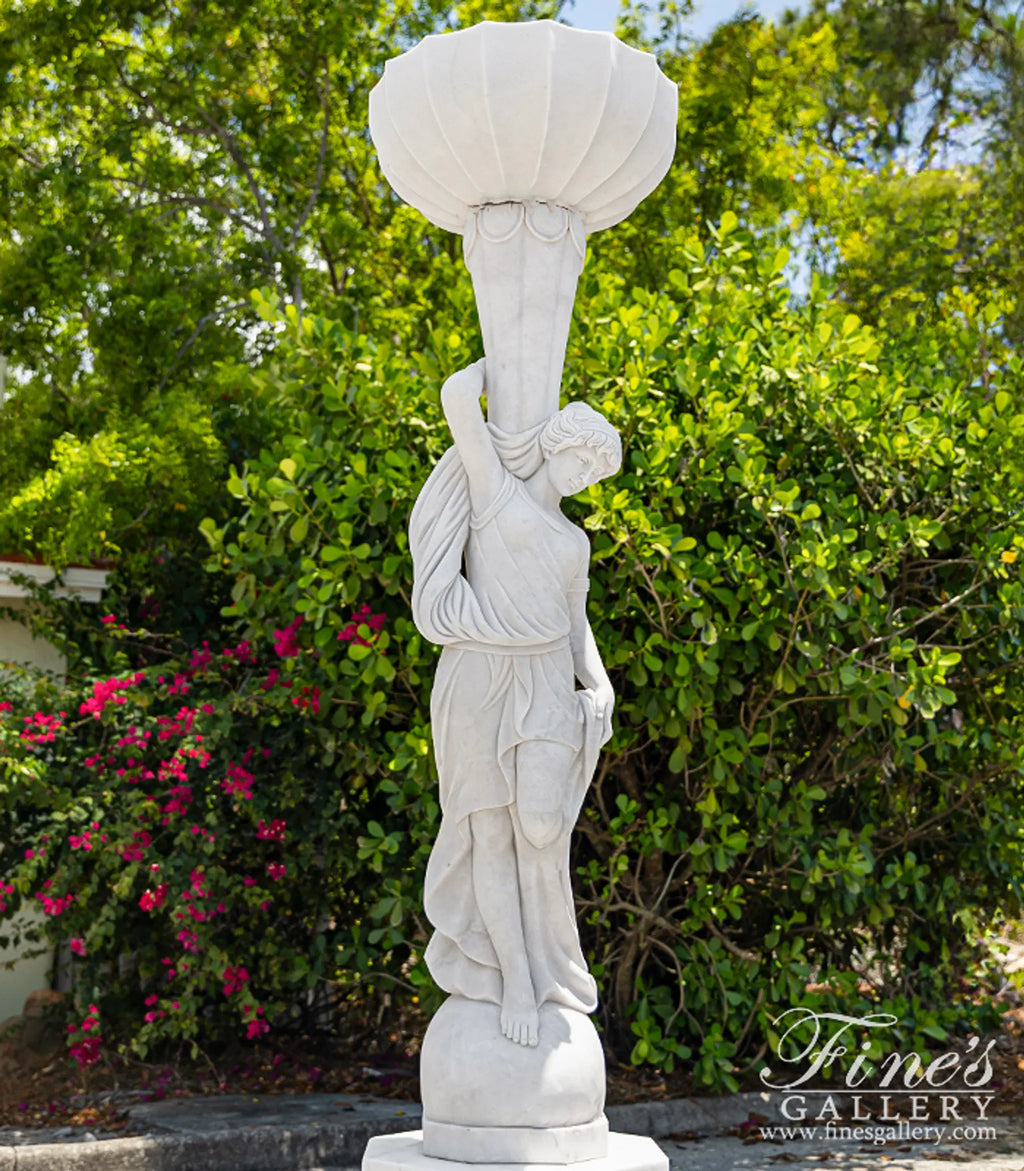 Marble Female Statues with Urns - 9ft Tall Pure White Statuary Marble Sculptures with Pedestals