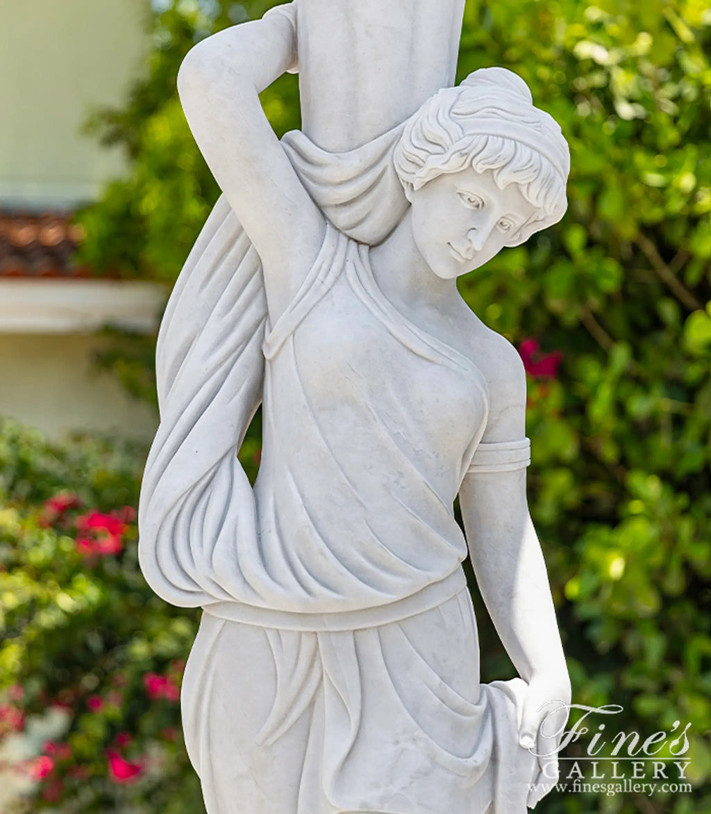 Marble Female Statues with Urns - 9ft Tall Pure White Statuary Marble Sculptures with Pedestals